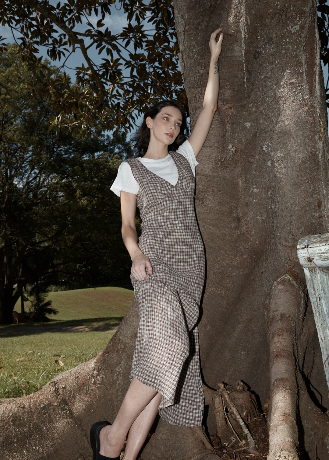 AFENDS Womens Base - Seersucker Check Maxi Dress - Coffee Check - Sustainable Clothing - Streetwear