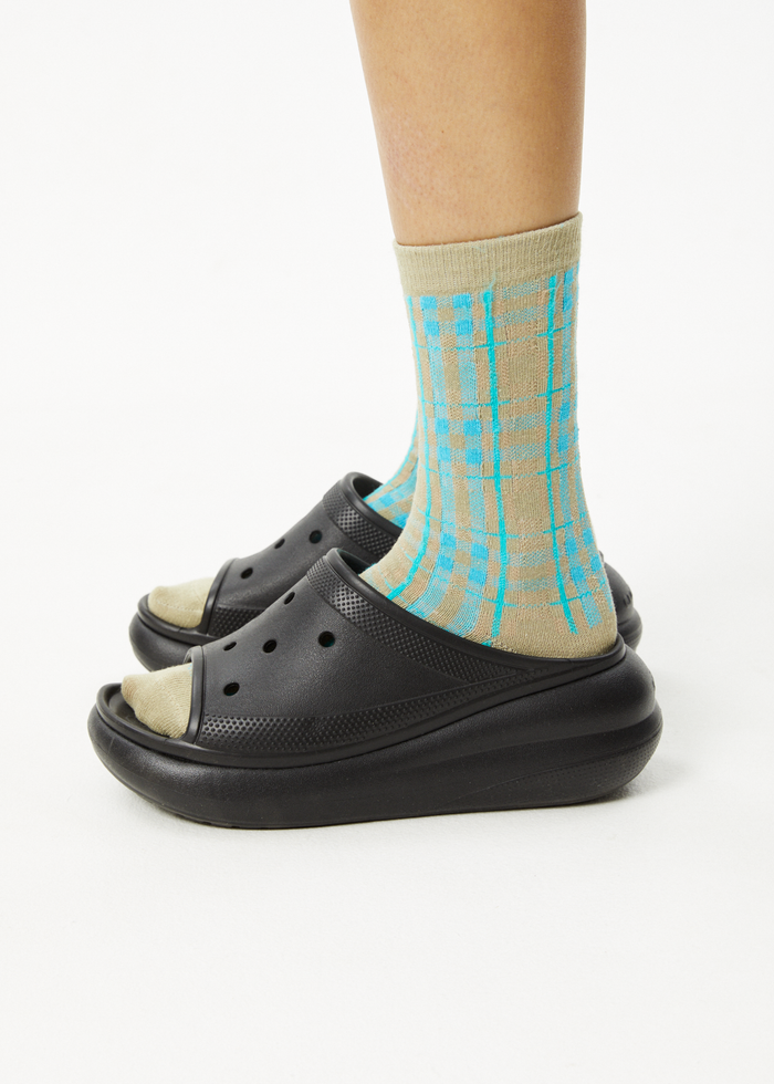 Afends Unisex Millie - Hemp Crew Socks - Tan Check - Sustainable Clothing - Streetwear