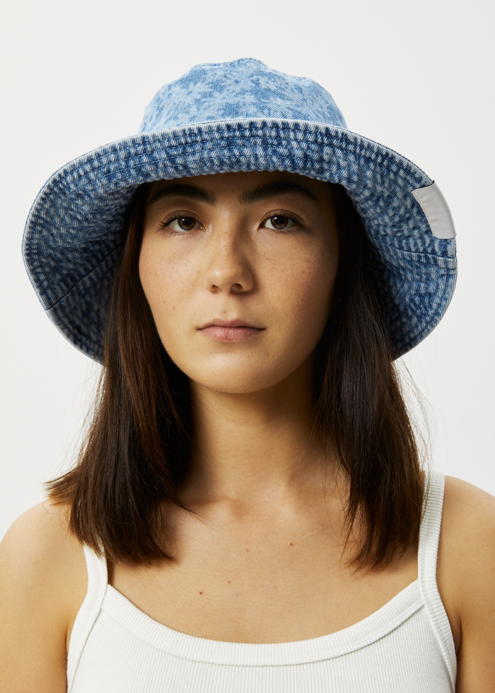 Afends Unisex Fink - Hemp Denim Wide Brim Bucket Hat - Worn Blue Daisy - Sustainable Clothing - Streetwear