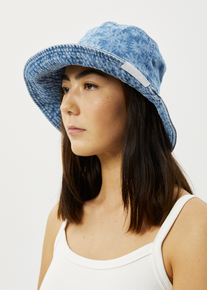 Afends Unisex Fink - Hemp Denim Wide Brim Bucket Hat - Worn Blue Daisy - Sustainable Clothing - Streetwear