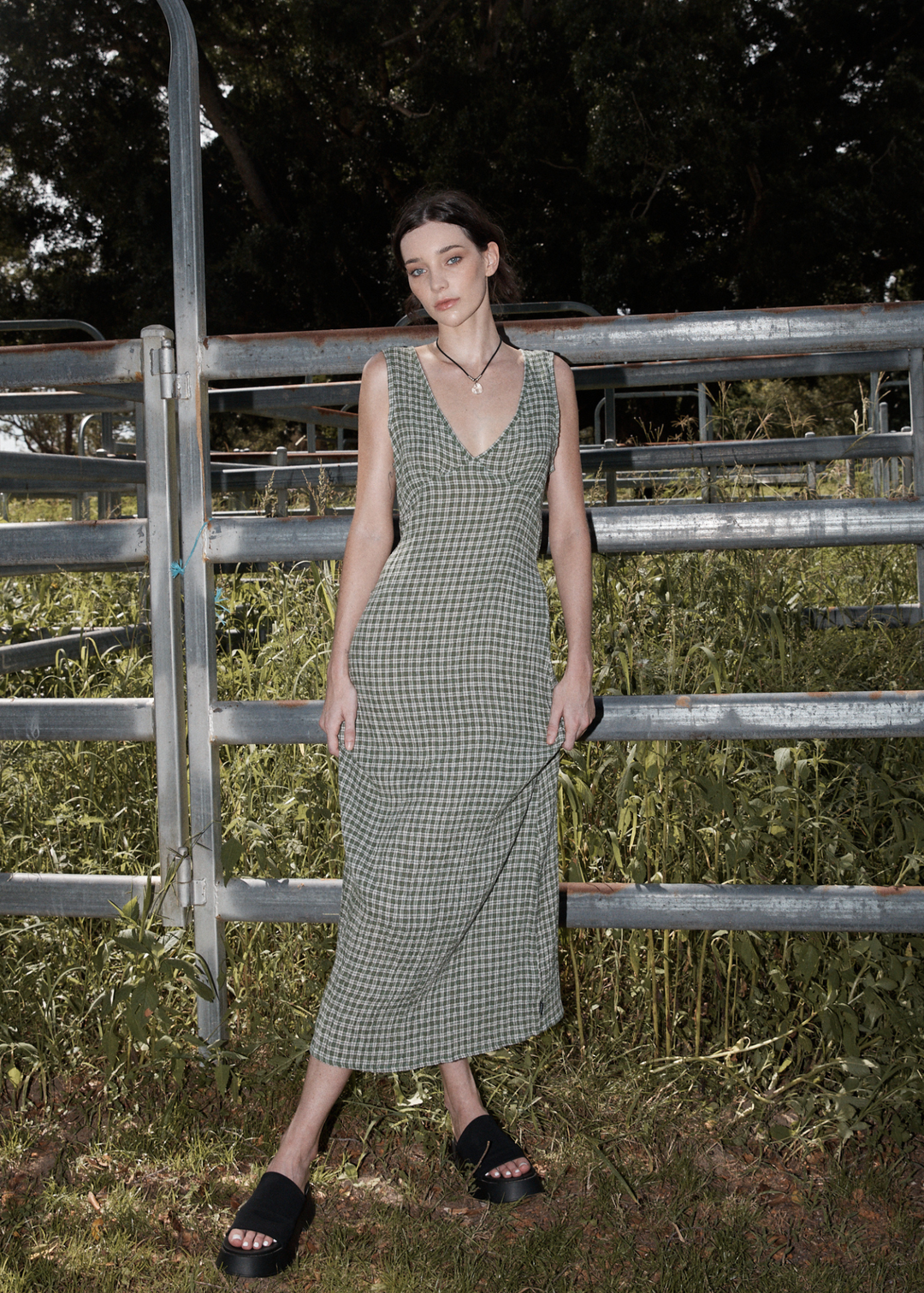 AFENDS Womens Base - Seersucker Check Maxi Dress - Deep Green Check - Sustainable Clothing - Streetwear