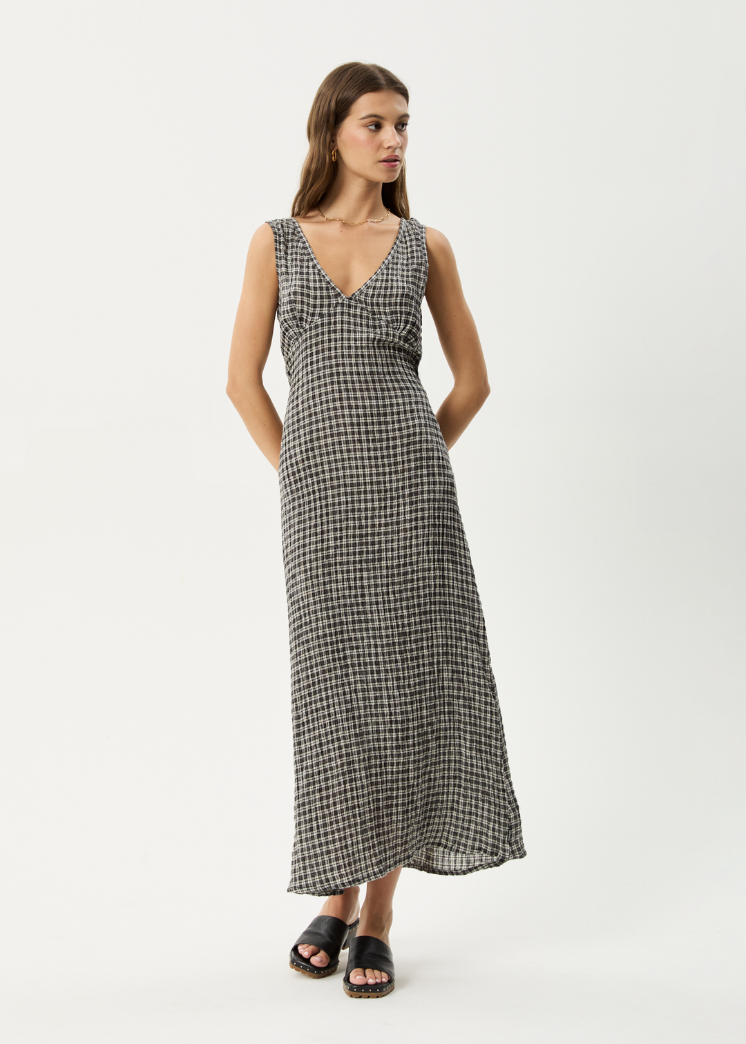 AFENDS Womens Asta - Seersucker Maxi Dress - Steel Check - Sustainable Clothing - Streetwear