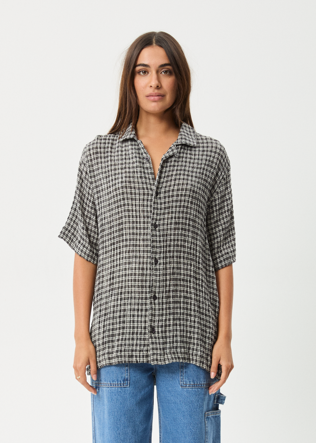 AFENDS Mens Asta - Seer Sucker Regular Shirt - Steel Check - Sustainable Clothing - Streetwear