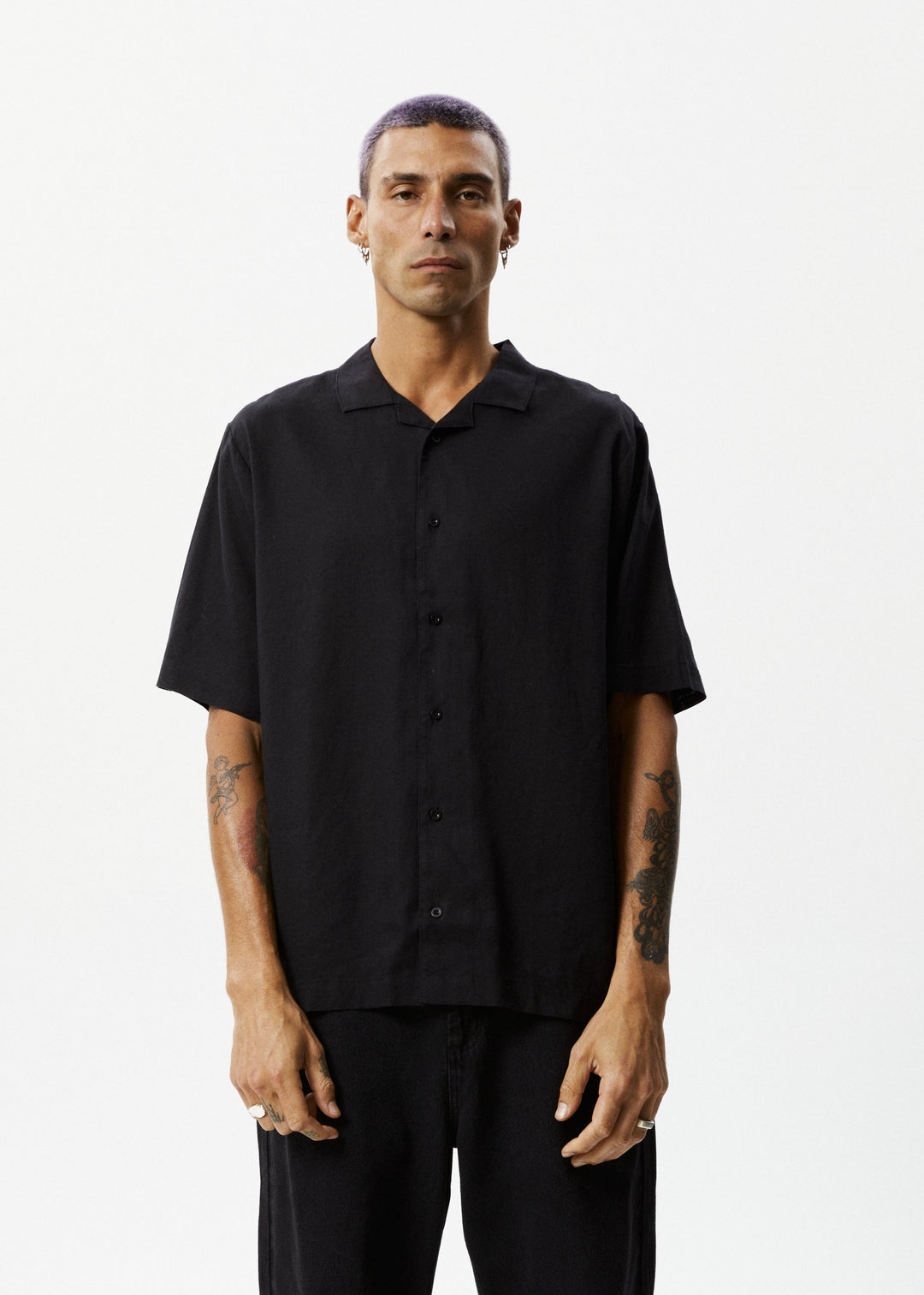 AFENDS Mens Daily - Hemp Cuban Short Sleeve Shirt - Black - Sustainable Clothing - Streetwear