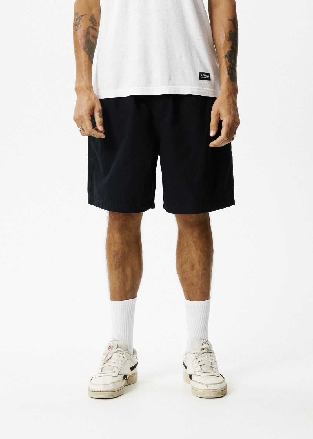 AFENDS Mens Ninety Eights - Recycled Baggy Elastic Waist Shorts - Black - Sustainable Clothing - Streetwear