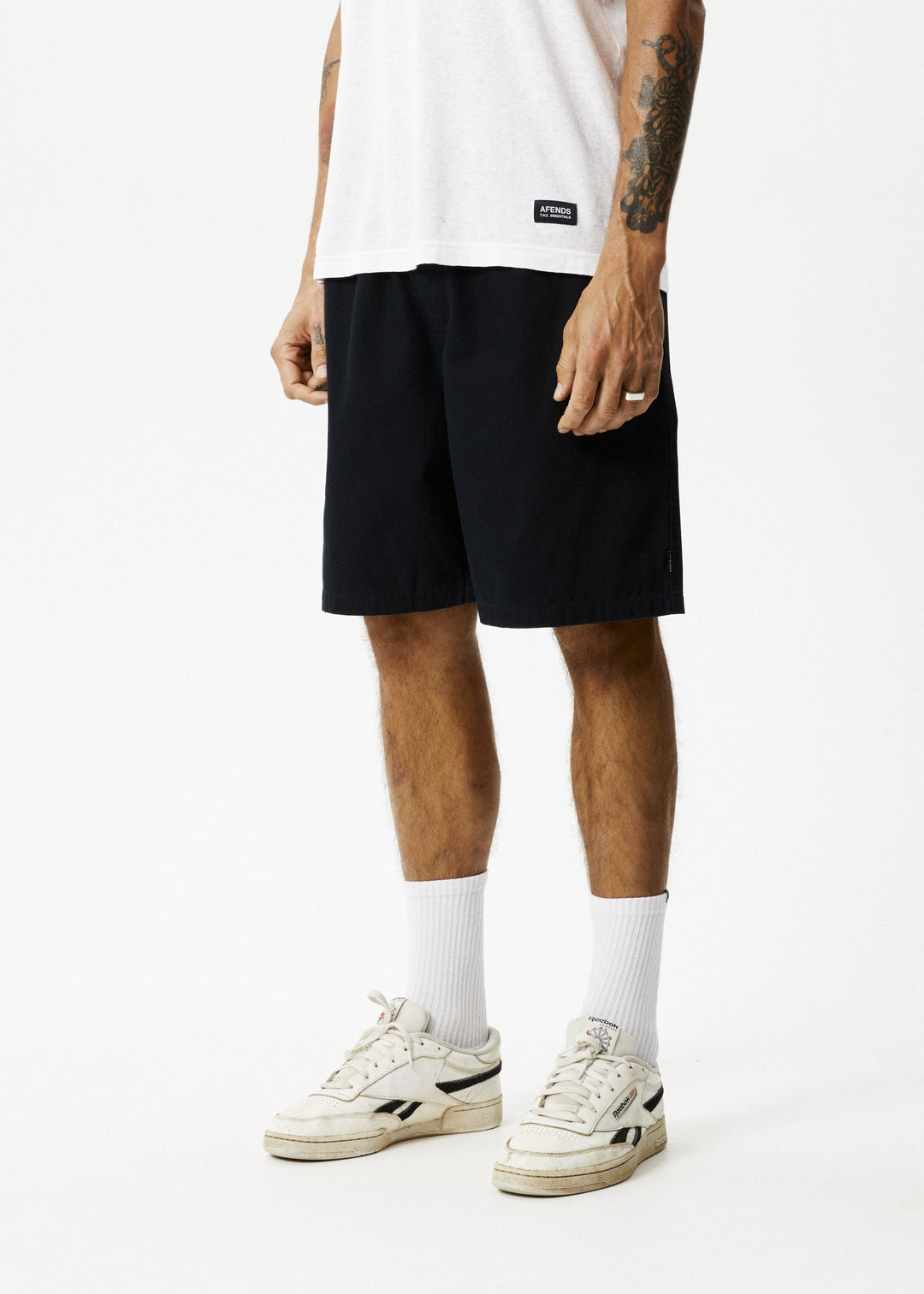 AFENDS Mens Ninety Eights - Recycled Baggy Elastic Waist Shorts - Black - Sustainable Clothing - Streetwear