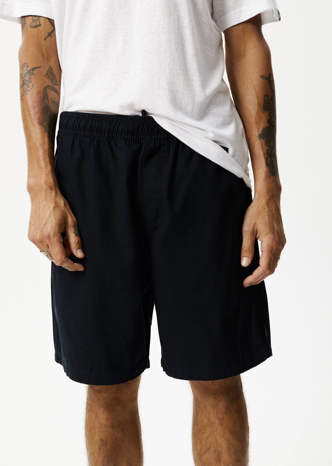 AFENDS Mens Ninety Eights - Recycled Baggy Elastic Waist Shorts - Black - Sustainable Clothing - Streetwear