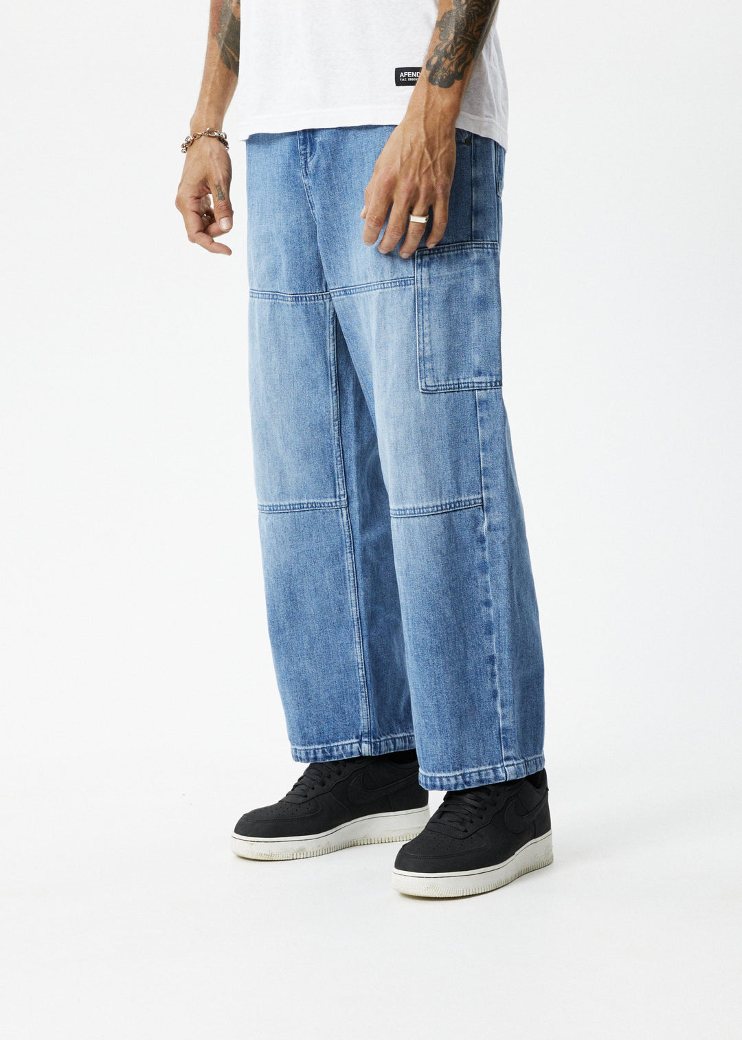 AFENDS Mens Richmond - Hemp Denim Baggy Workwear Jeans - Worn Blue - Sustainable Clothing - Streetwear