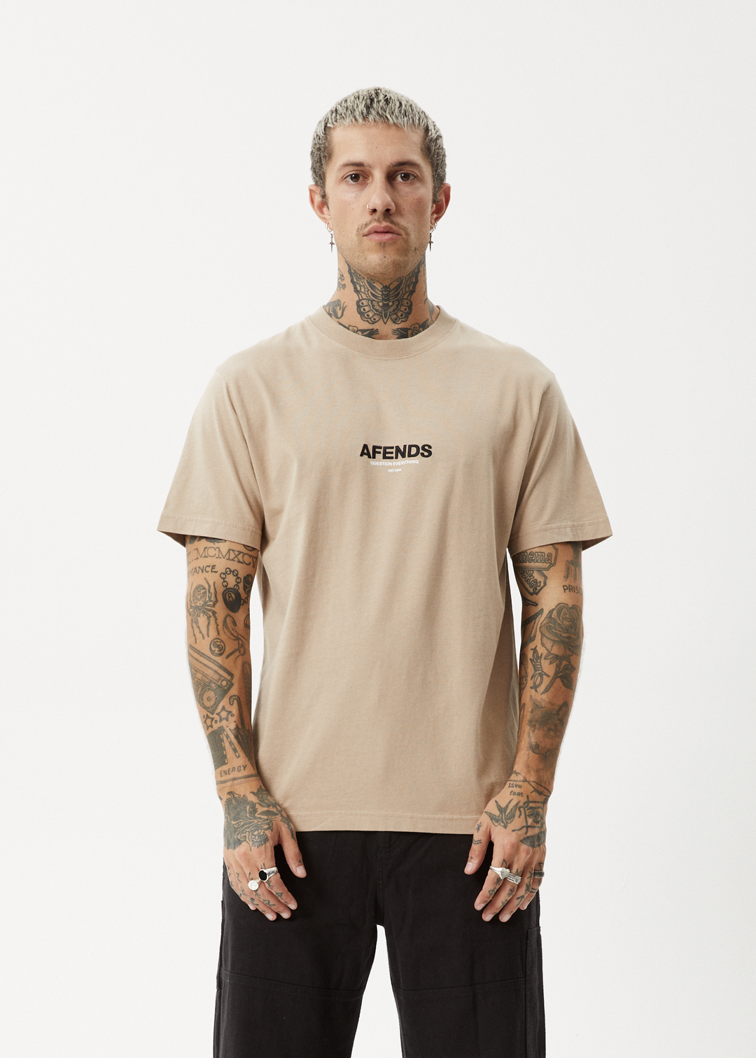 AFENDS Mens Vinyl - Recycled Retro T-Shirt - Taupe - Sustainable Clothing - Streetwear