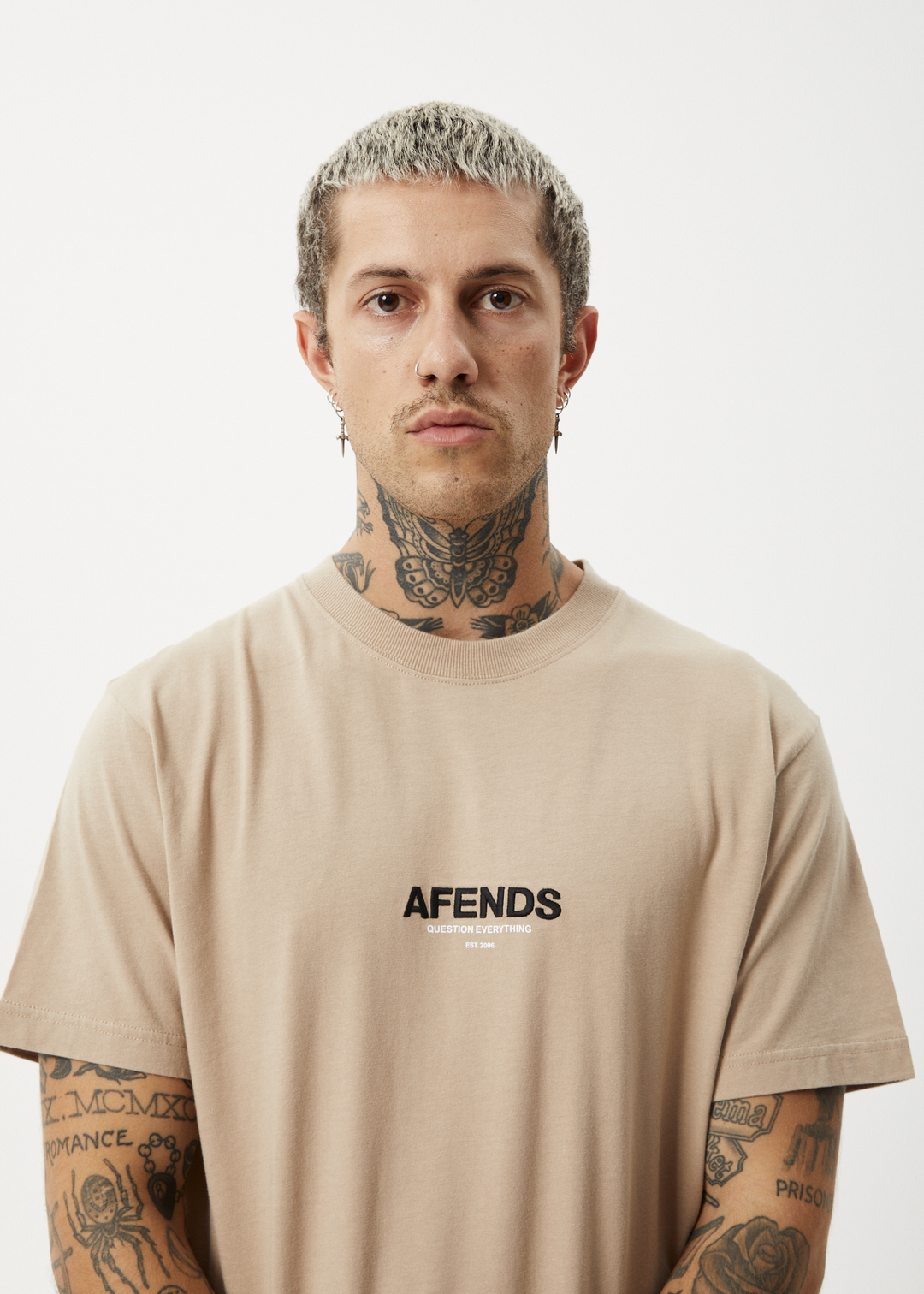 AFENDS Mens Vinyl - Recycled Retro T-Shirt - Taupe - Sustainable Clothing - Streetwear