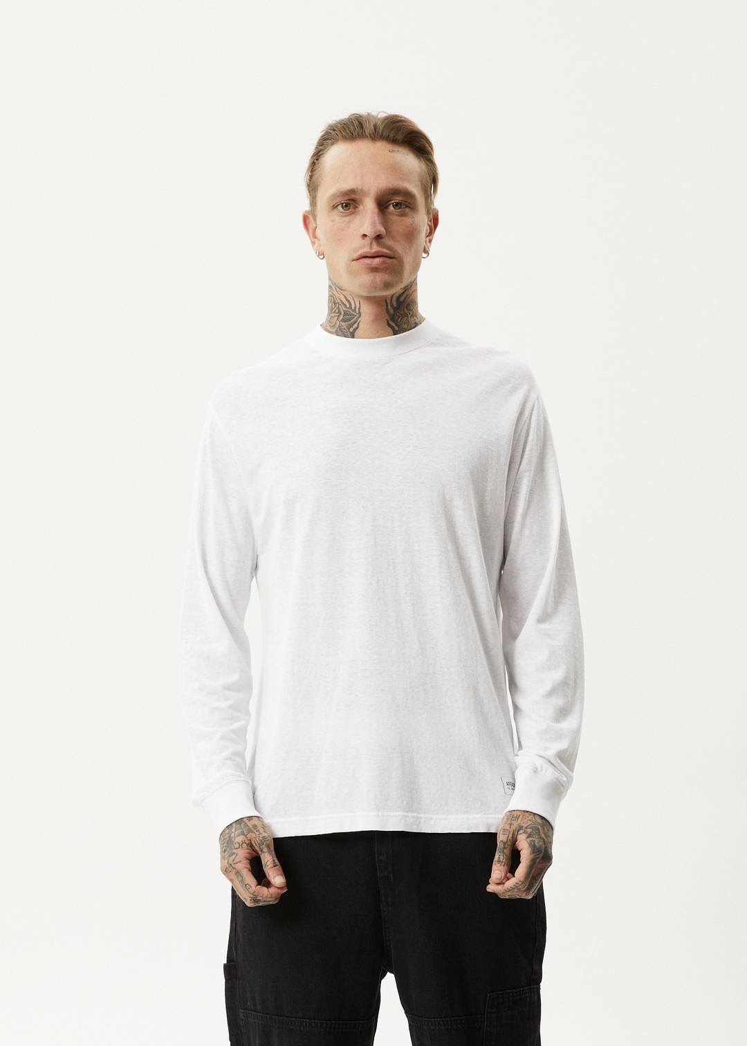 AFENDS Mens Essential - Hemp Long Sleeve T-Shirt - White - Sustainable Clothing - Streetwear