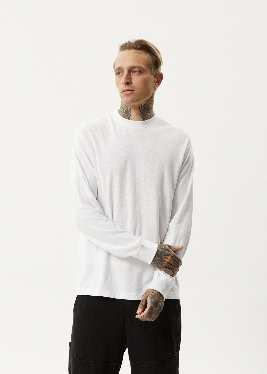 AFENDS Mens Essential - Hemp Long Sleeve T-Shirt - White - Sustainable Clothing - Streetwear