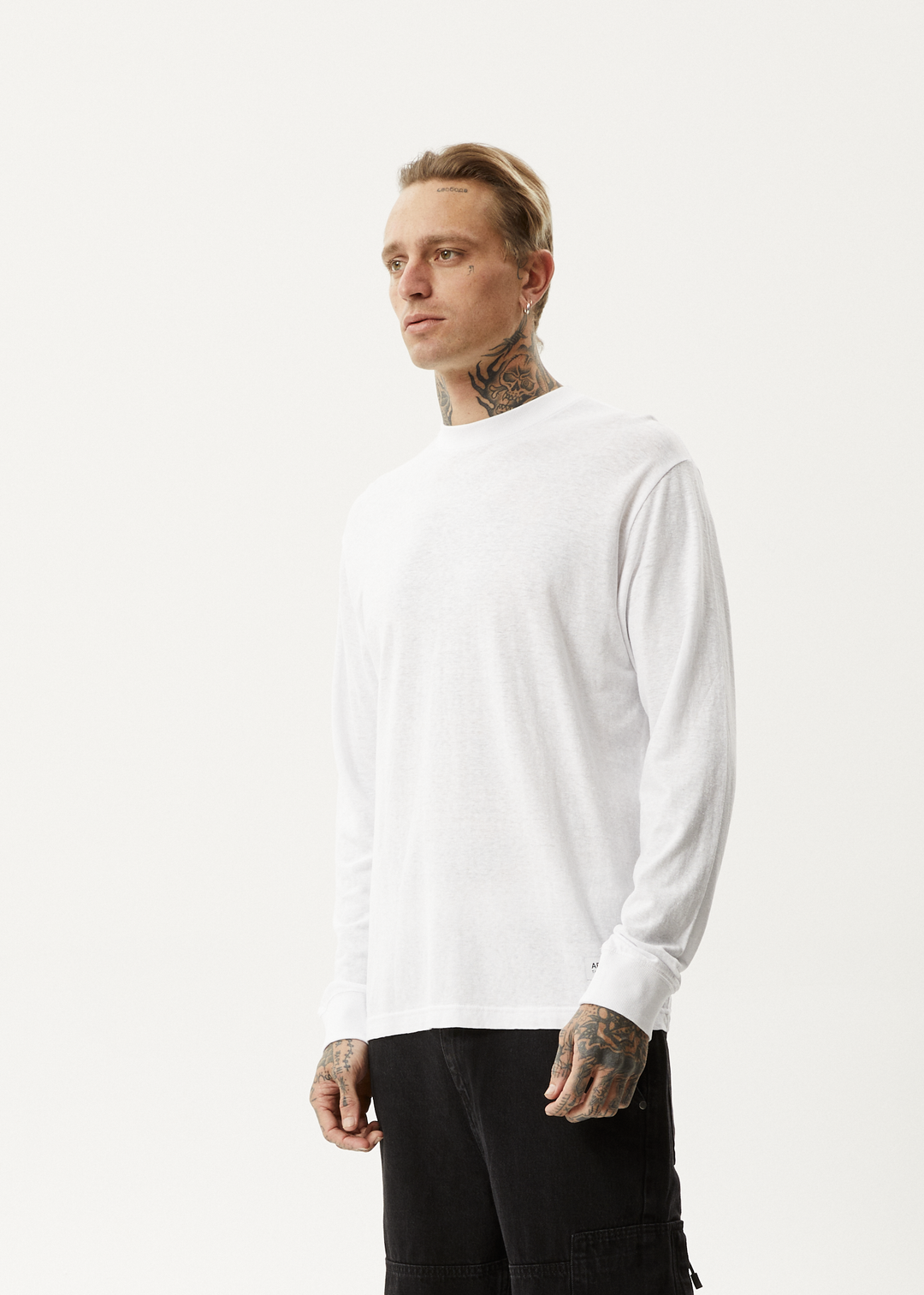 AFENDS Mens Essential - Hemp Long Sleeve T-Shirt - White - Sustainable Clothing - Streetwear