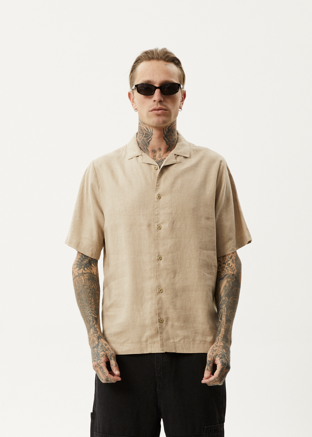 AFENDS Mens Daily - Hemp Cuban Short Sleeve Shirt - Taupe - Sustainable Clothing - Streetwear