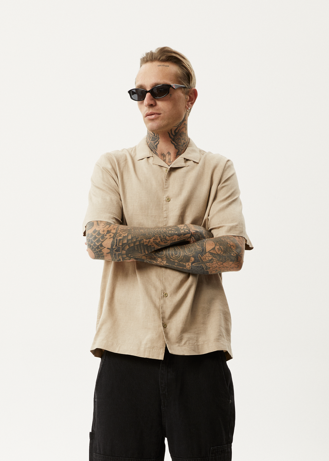 AFENDS Mens Daily - Hemp Cuban Short Sleeve Shirt - Taupe - Sustainable Clothing - Streetwear