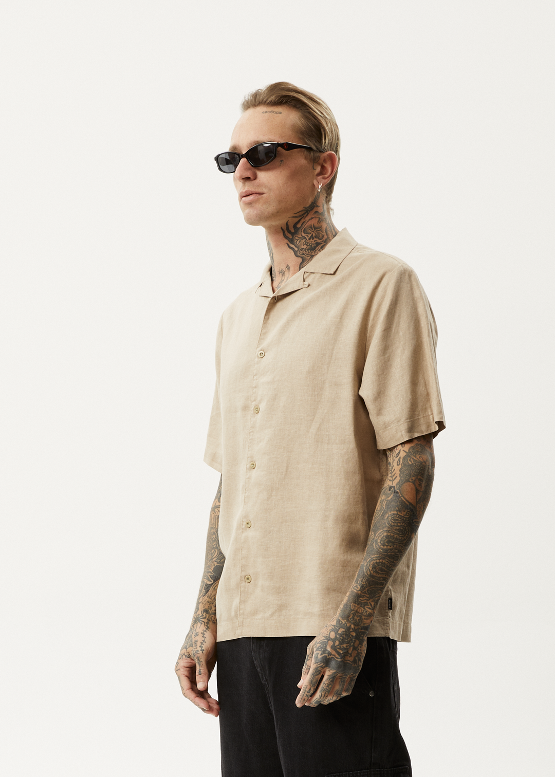 AFENDS Mens Daily - Hemp Cuban Short Sleeve Shirt - Taupe - Sustainable Clothing - Streetwear