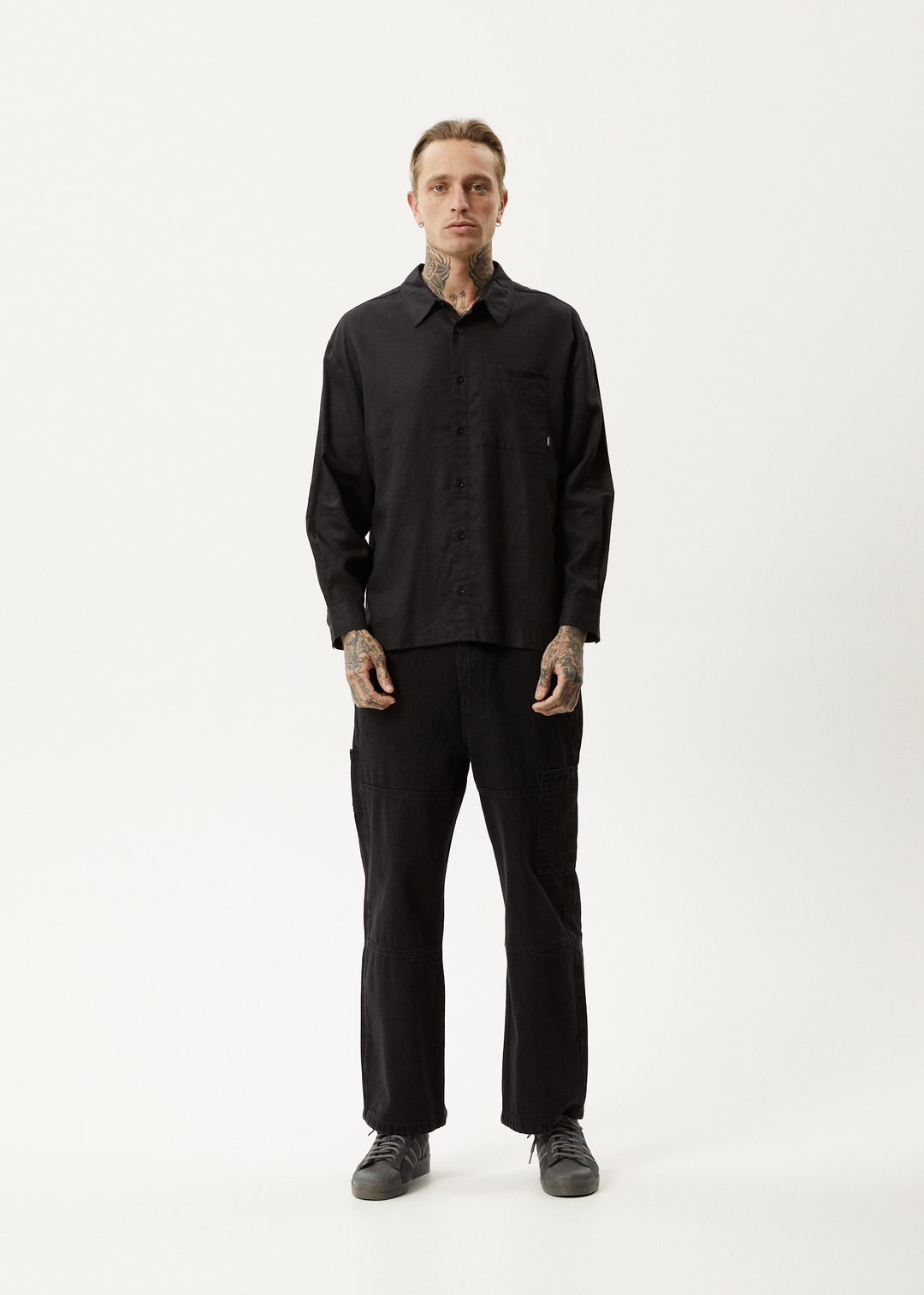 AFENDS Mens Everyday - Cuban Long Sleeve Shirt - Black - Sustainable Clothing - Streetwear