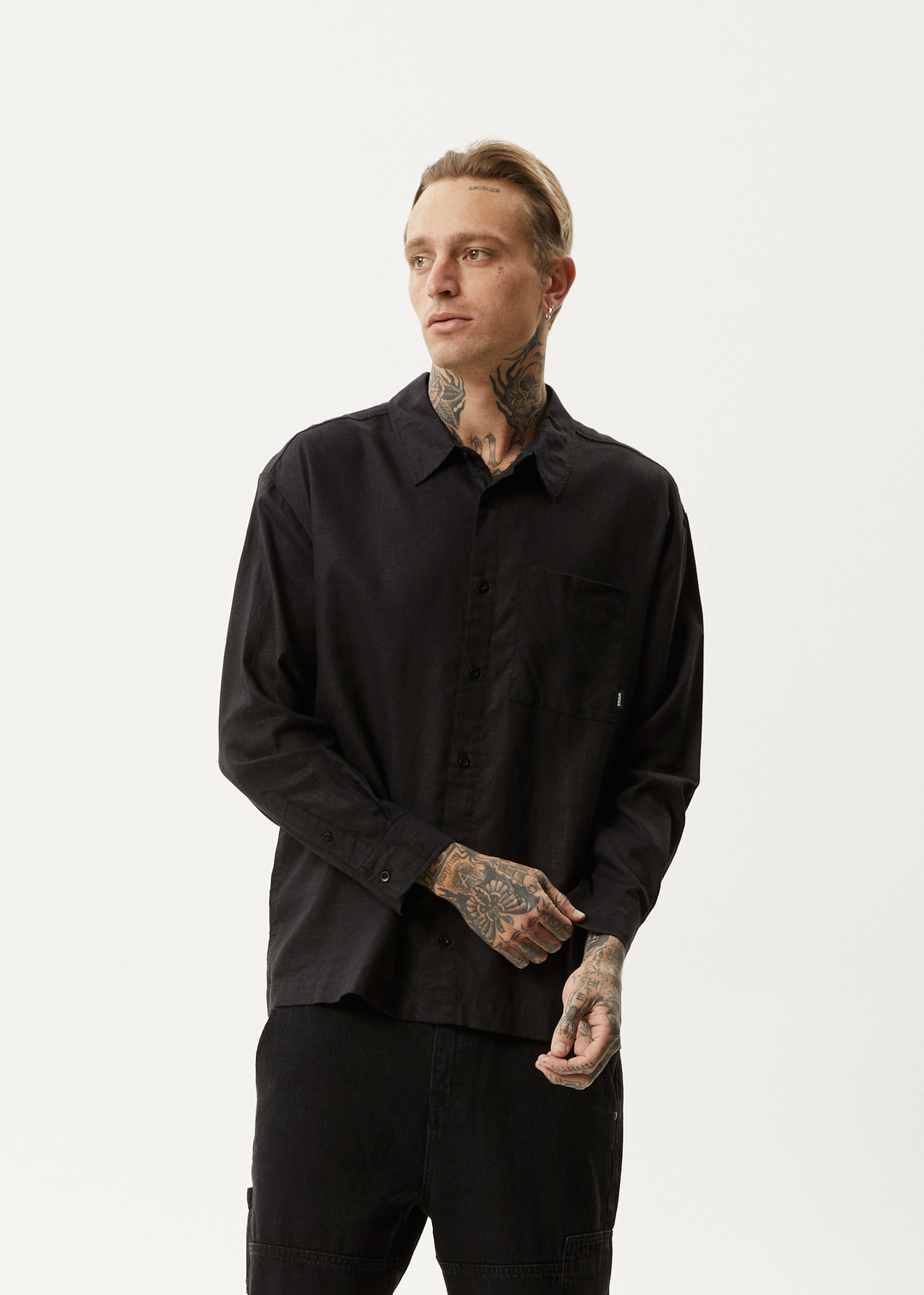 AFENDS Mens Everyday - Cuban Long Sleeve Shirt - Black - Sustainable Clothing - Streetwear