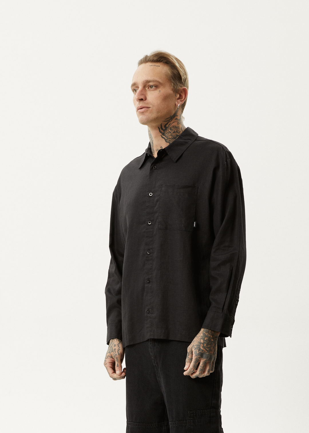 AFENDS Mens Everyday - Cuban Long Sleeve Shirt - Black - Sustainable Clothing - Streetwear