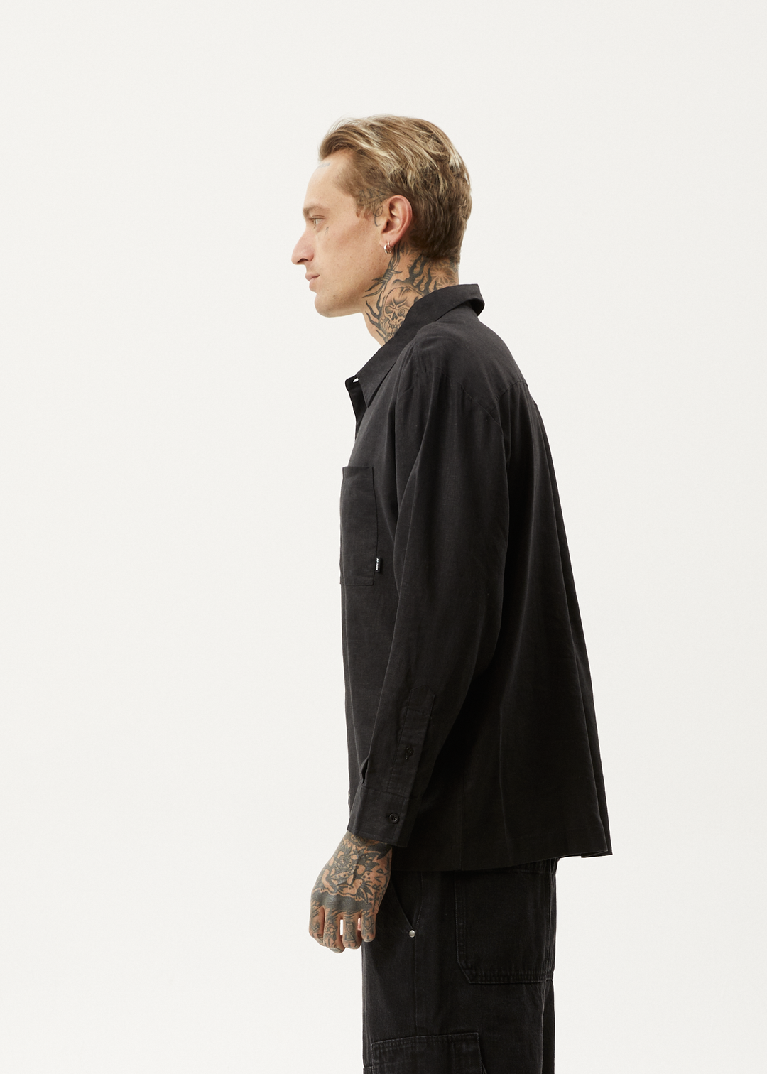 AFENDS Mens Everyday - Cuban Long Sleeve Shirt - Black - Sustainable Clothing - Streetwear