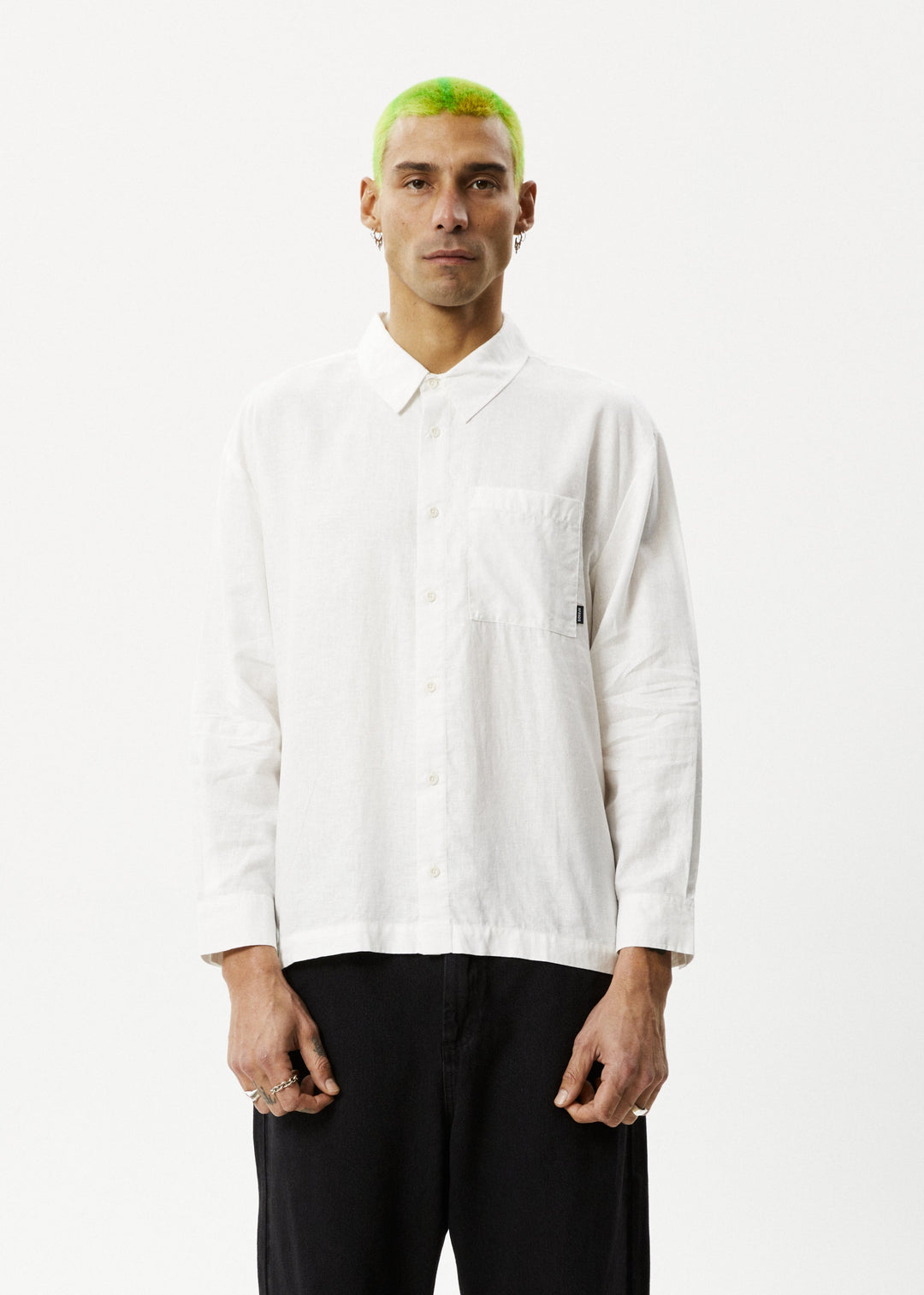 AFENDS Mens Everyday - Cuban Long Sleeve Shirt - White - Sustainable Clothing - Streetwear