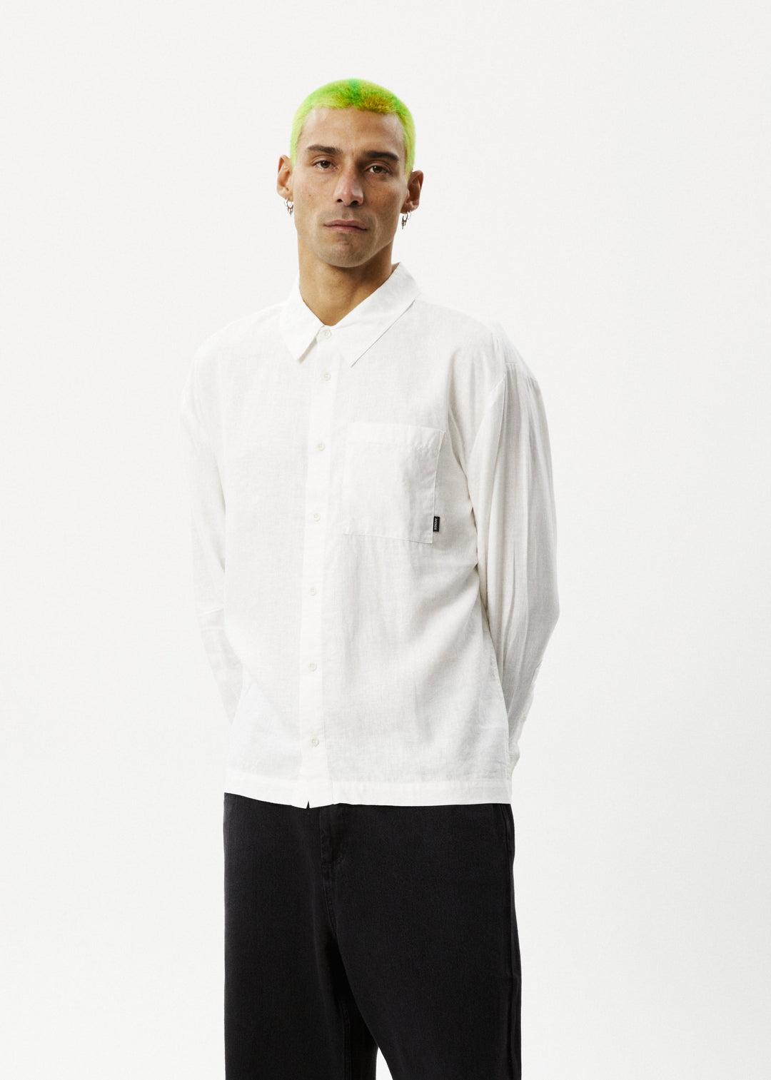 AFENDS Mens Everyday - Cuban Long Sleeve Shirt - White - Sustainable Clothing - Streetwear