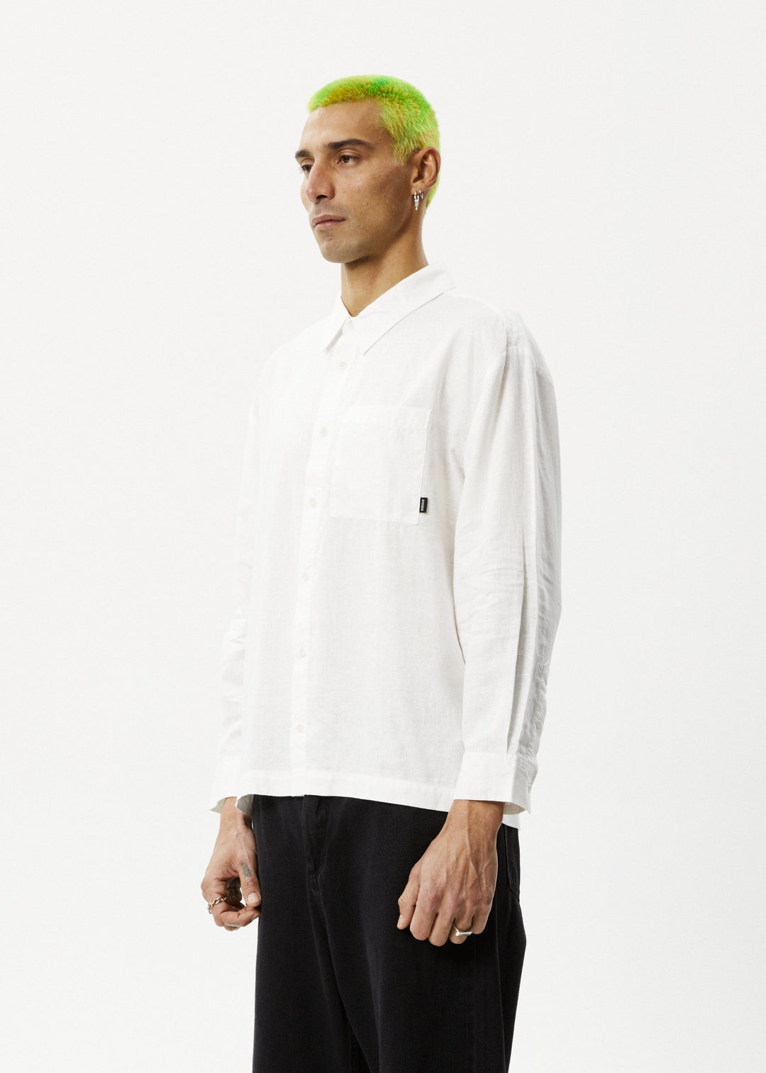 AFENDS Mens Everyday - Cuban Long Sleeve Shirt - White - Sustainable Clothing - Streetwear