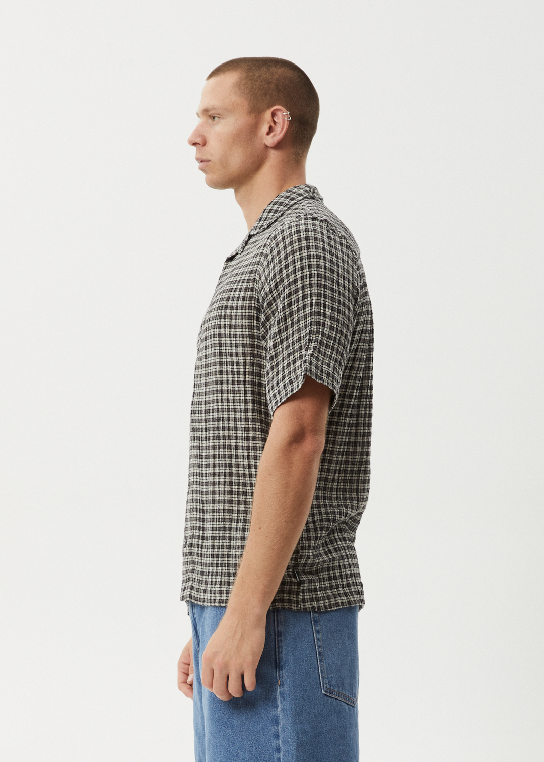 AFENDS Mens Asta - Seer Sucker Regular Shirt - Steel Check - Sustainable Clothing - Streetwear