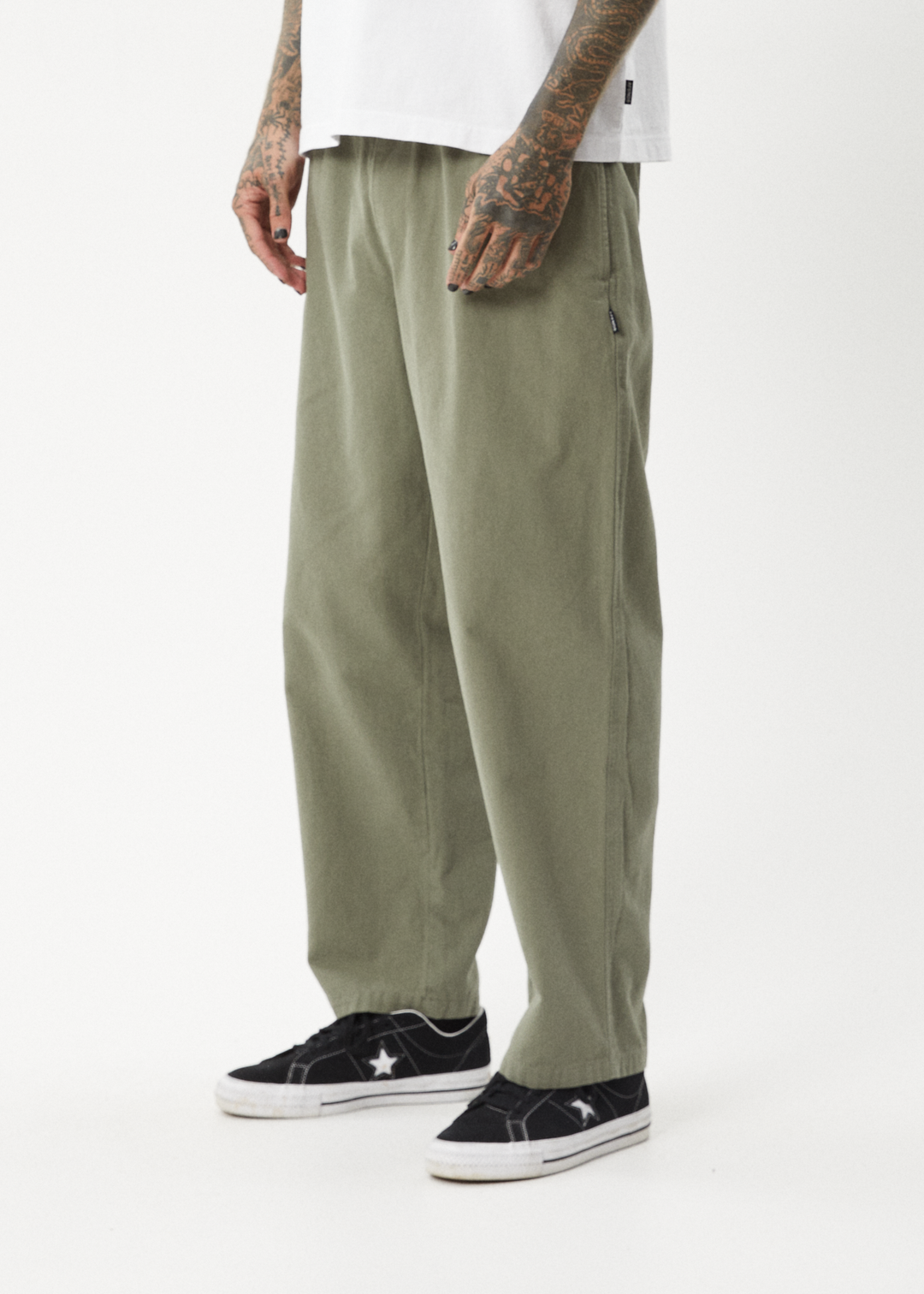 AFENDS Mens Ninety Eights - Baggy Elastic Waist Pants - Olive - Sustainable Clothing - Streetwear