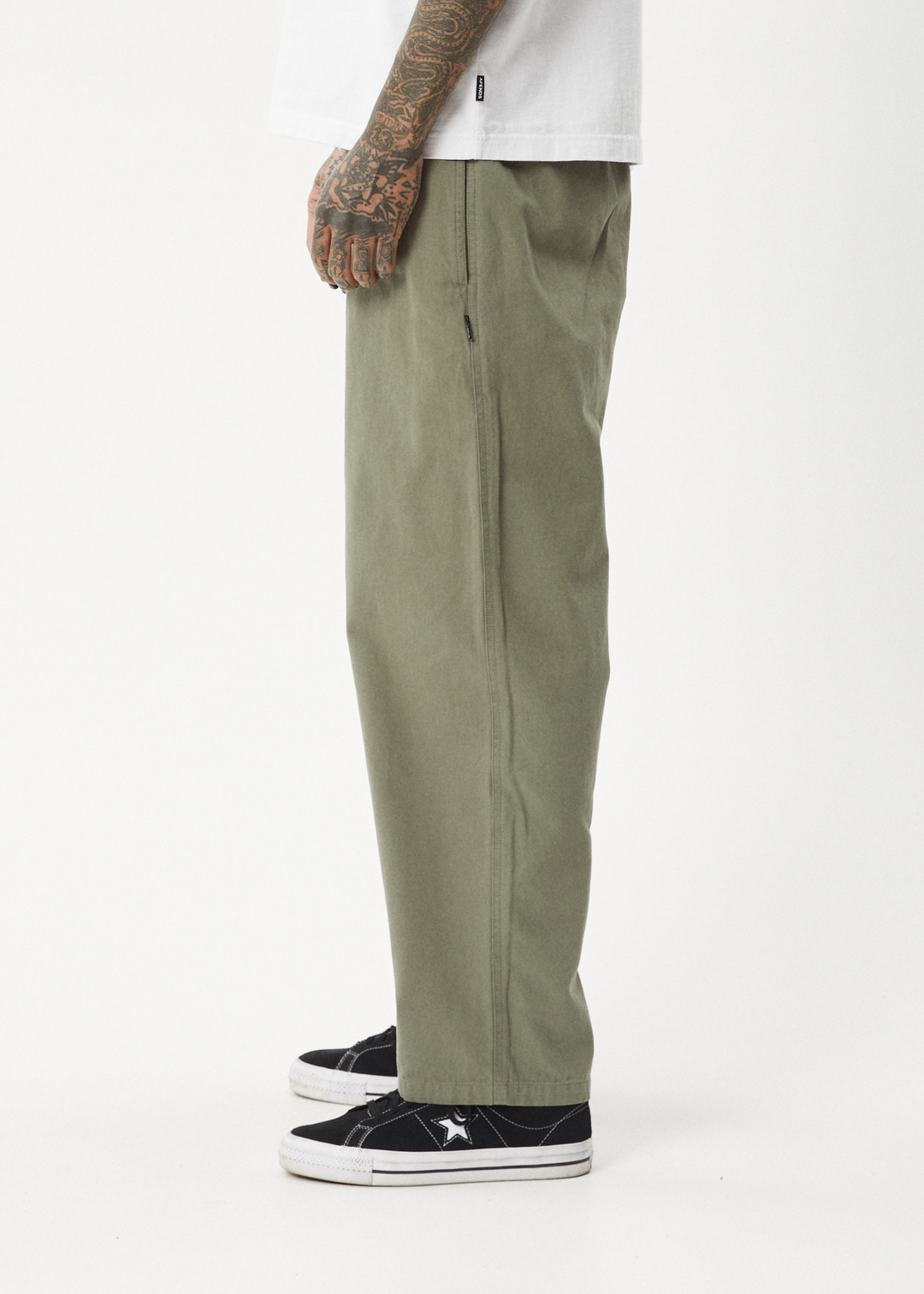 AFENDS Mens Ninety Eights - Baggy Elastic Waist Pants - Olive - Sustainable Clothing - Streetwear