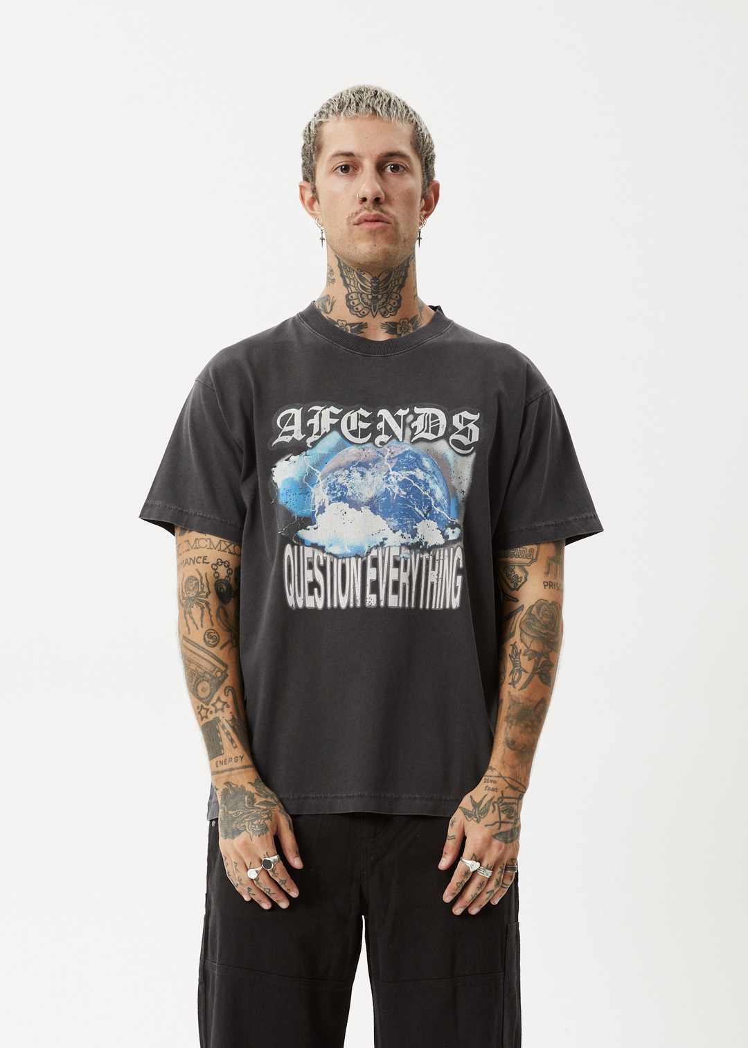 AFENDS Mens Return - Boxy T-Shirt - Stone Black - Sustainable Clothing - Streetwear