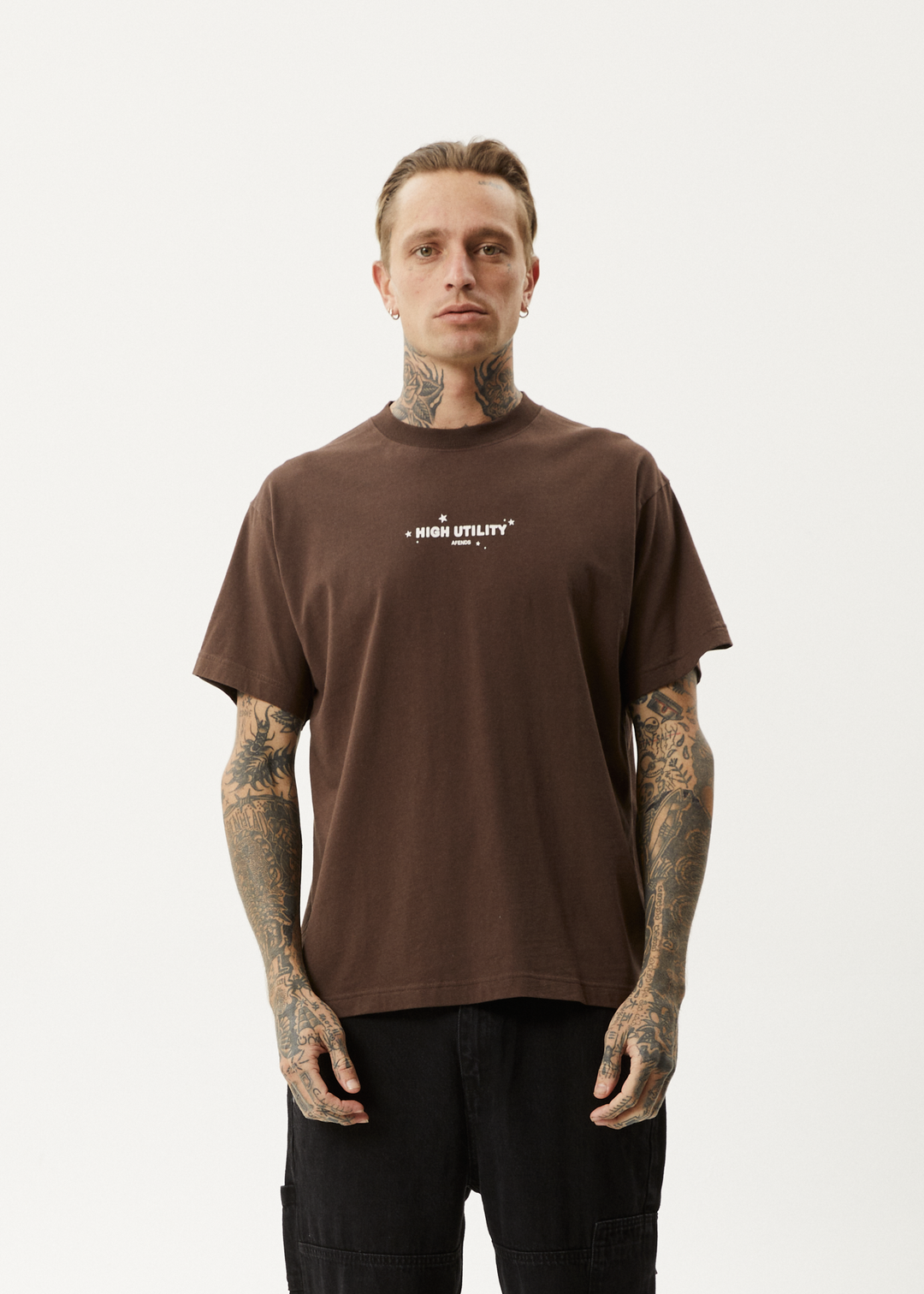 AFENDS Mens High Utility - Boxy T-Shirt - Coffee - Sustainable Clothing - Streetwear