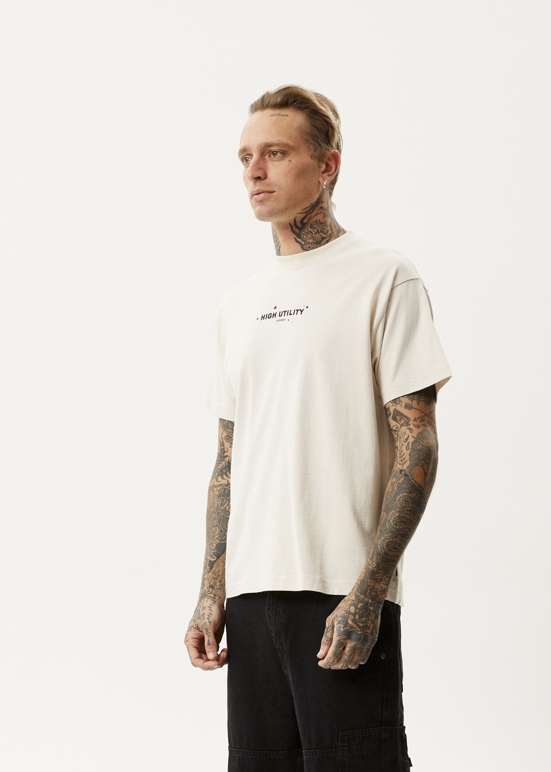 AFENDS Mens High Utility - Boxy T-Shirt - Moonbeam - Sustainable Clothing - Streetwear