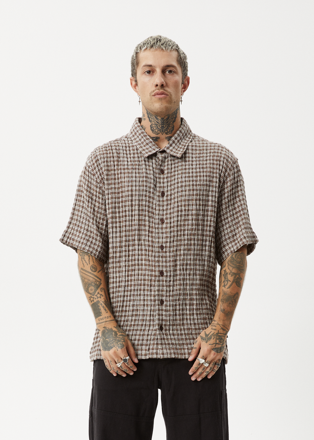 AFENDS Mens Base - Short Sleeve Shirt - Coffee Check - Sustainable Clothing - Streetwear