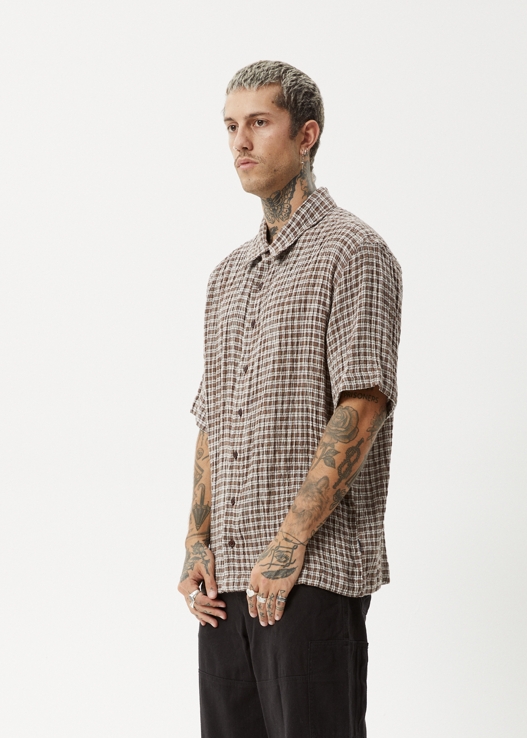 AFENDS Mens Base - Short Sleeve Shirt - Coffee Check - Sustainable Clothing - Streetwear