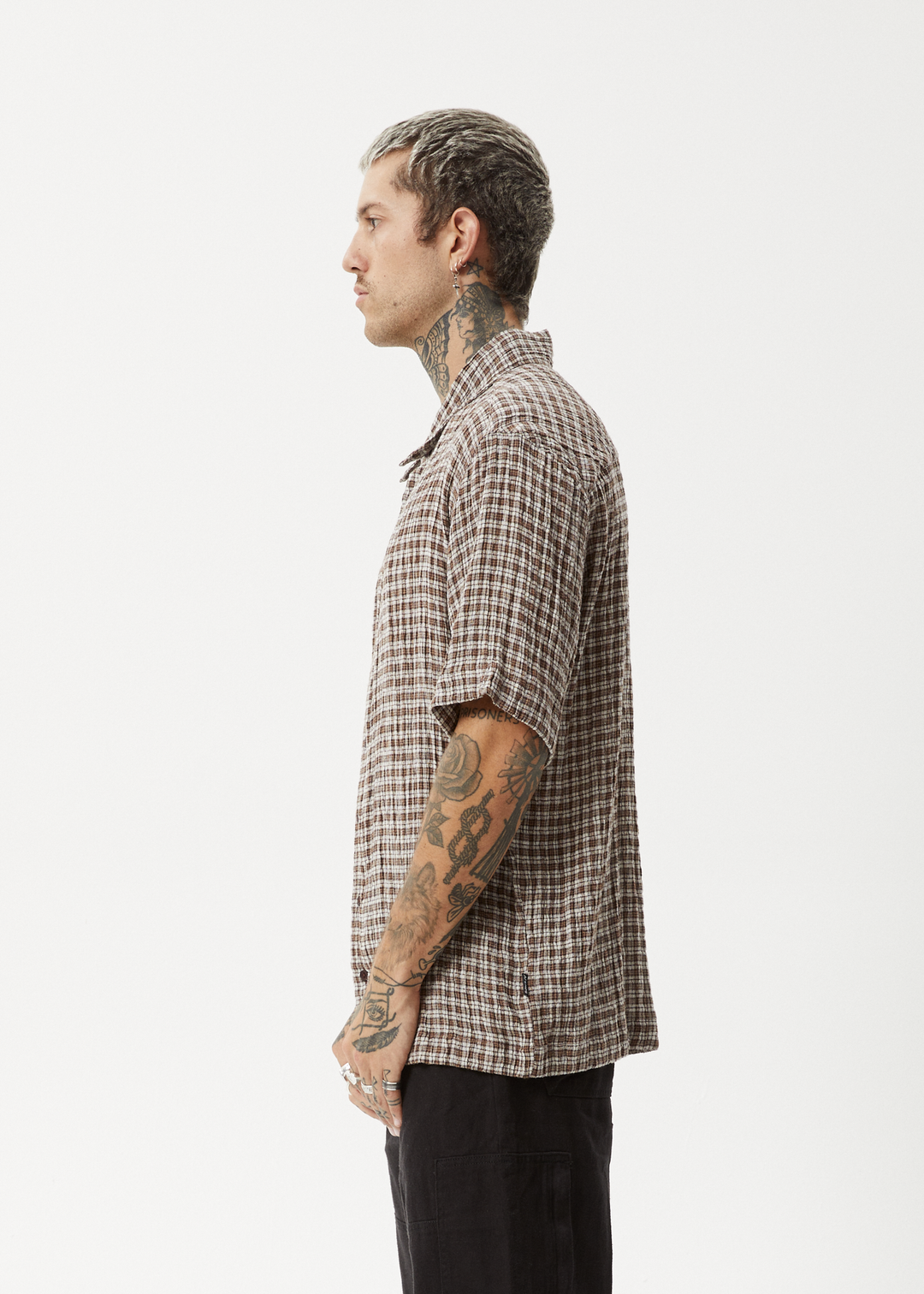 AFENDS Mens Base - Short Sleeve Shirt - Coffee Check - Sustainable Clothing - Streetwear