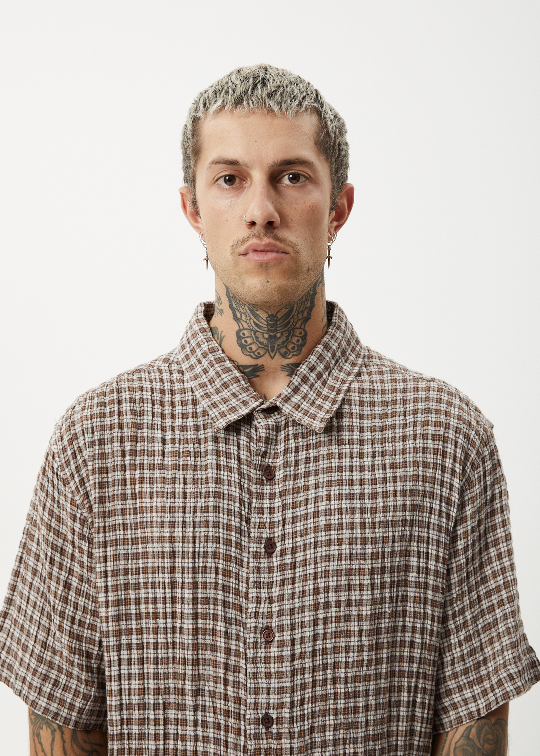 AFENDS Mens Base - Short Sleeve Shirt - Coffee Check - Sustainable Clothing - Streetwear