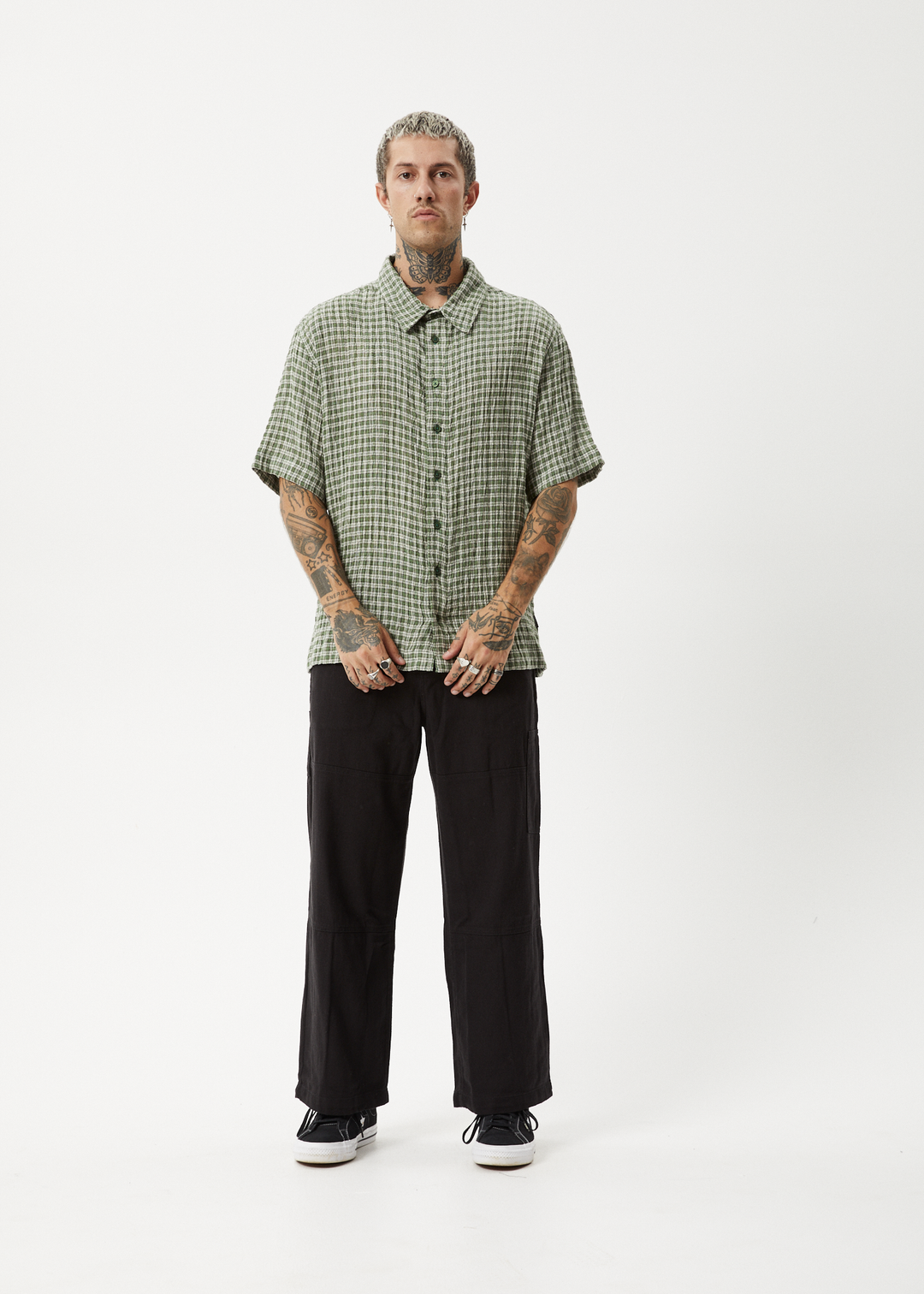 AFENDS Mens Base - Short Sleeve Shirt - Deep Green Check - Sustainable Clothing - Streetwear