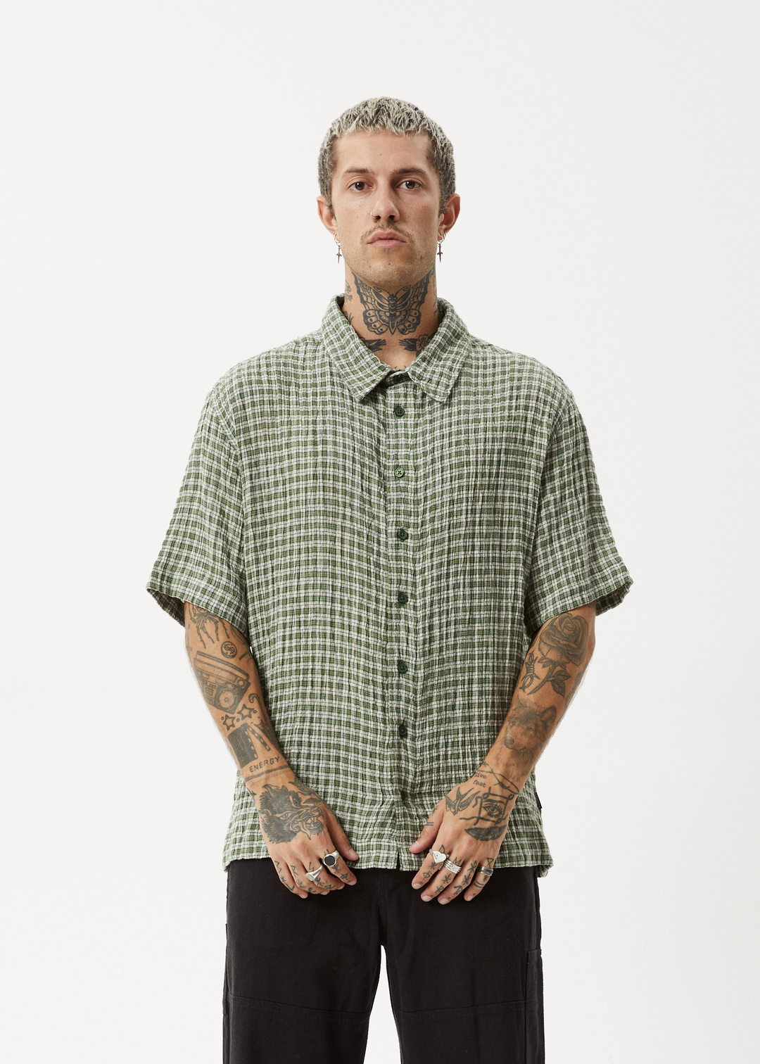 AFENDS Mens Base - Short Sleeve Shirt - Deep Green Check - Sustainable Clothing - Streetwear