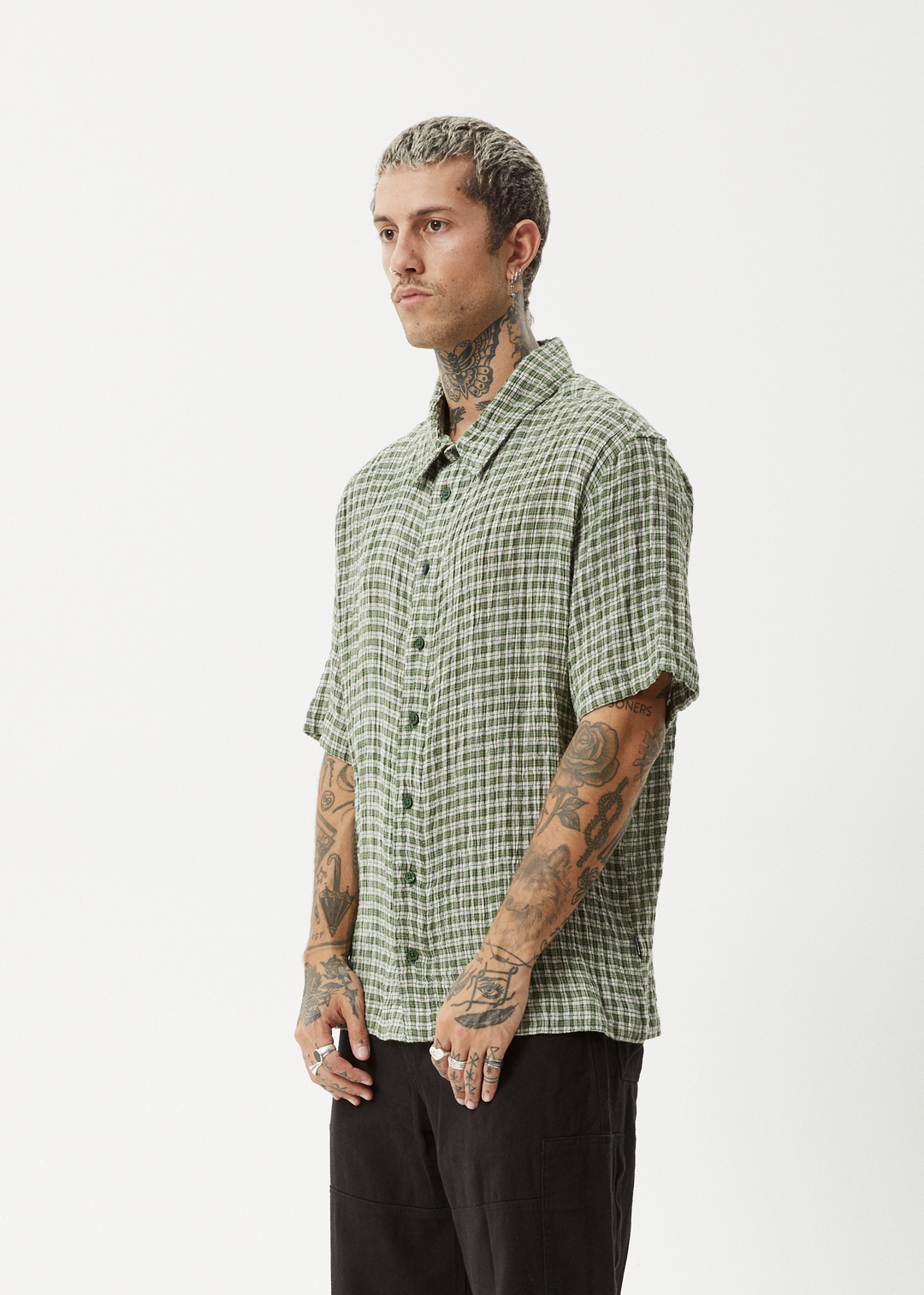 AFENDS Mens Base - Short Sleeve Shirt - Deep Green Check - Sustainable Clothing - Streetwear