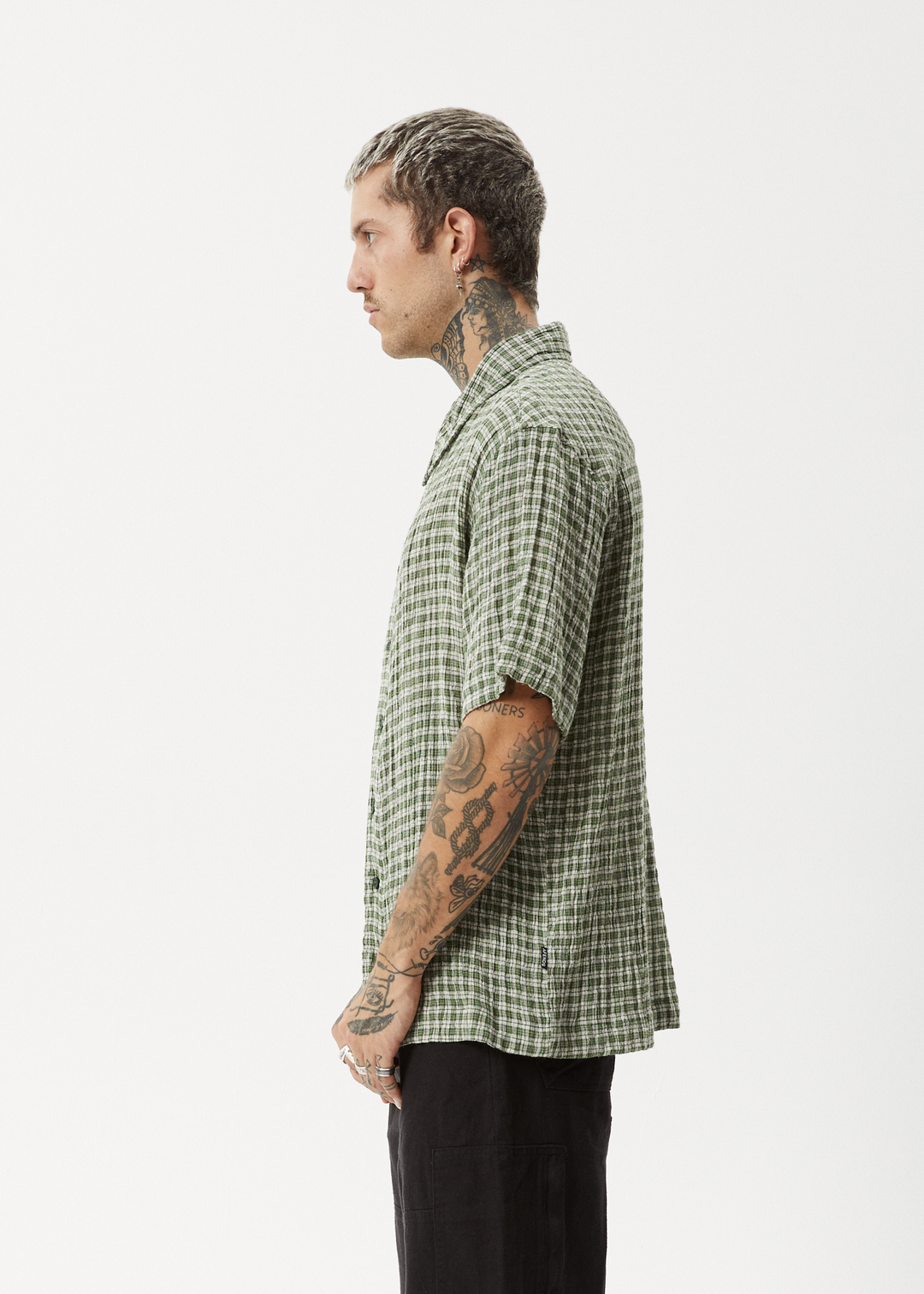 AFENDS Mens Base - Short Sleeve Shirt - Deep Green Check - Sustainable Clothing - Streetwear