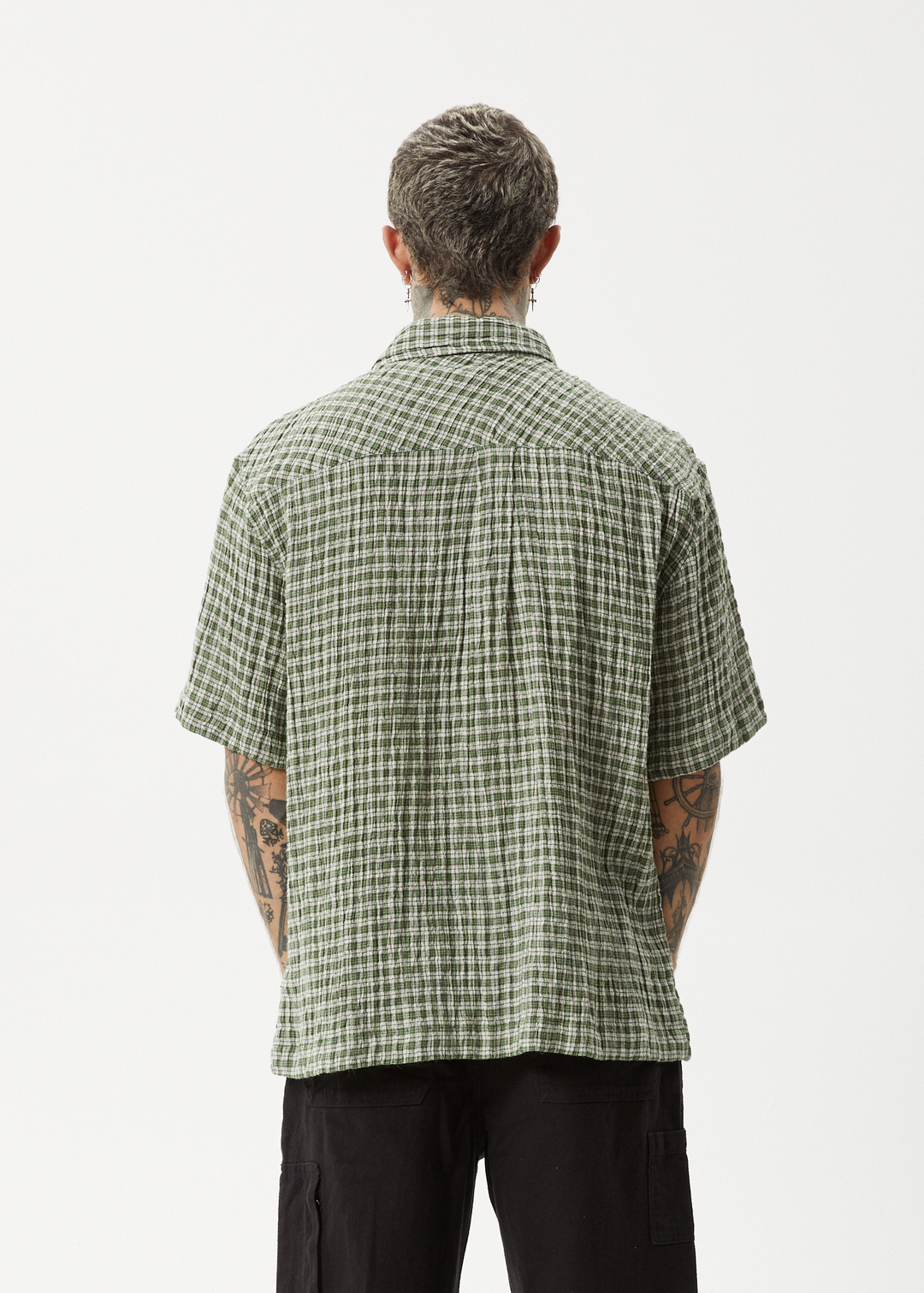 AFENDS Mens Base - Short Sleeve Shirt - Deep Green Check - Sustainable Clothing - Streetwear