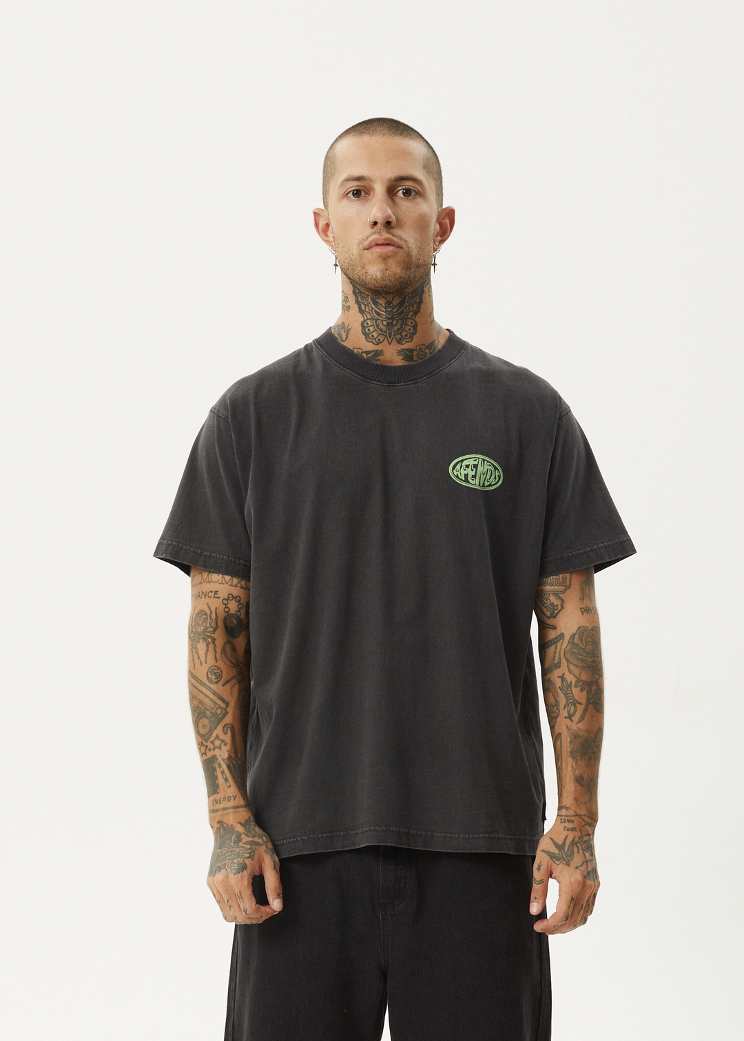 AFENDS Mens Frogga - Heavy Boxy Fit Tee - Stone Black - Sustainable Clothing - Streetwear