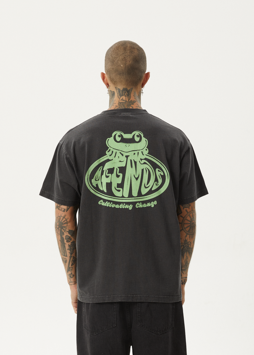 AFENDS Mens Frogga - Heavy Boxy Fit Tee - Stone Black - Sustainable Clothing - Streetwear