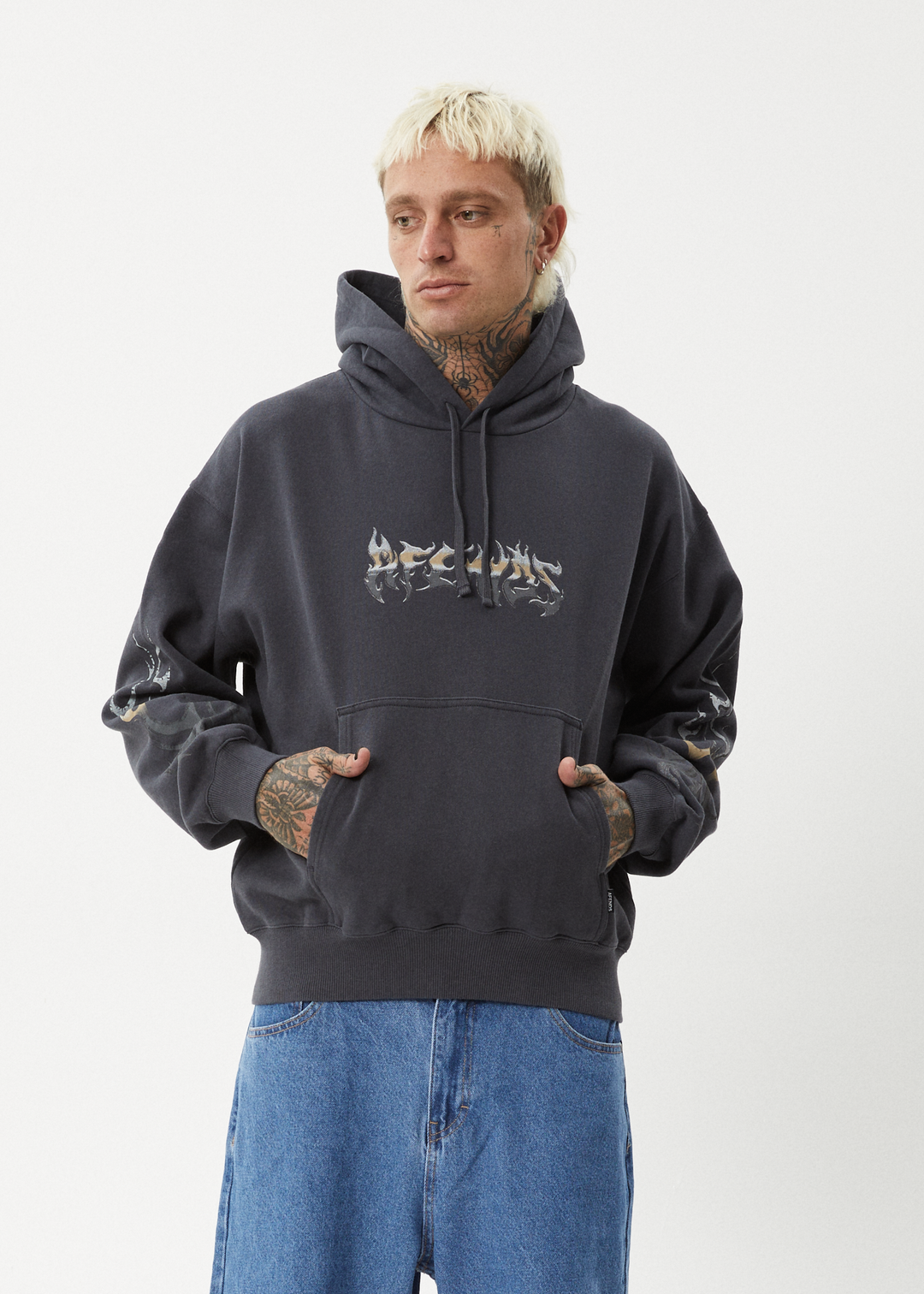 AFENDS Mens Scorched - Boxy Pull On Hood - Charcoal - Sustainable Clothing - Streetwear