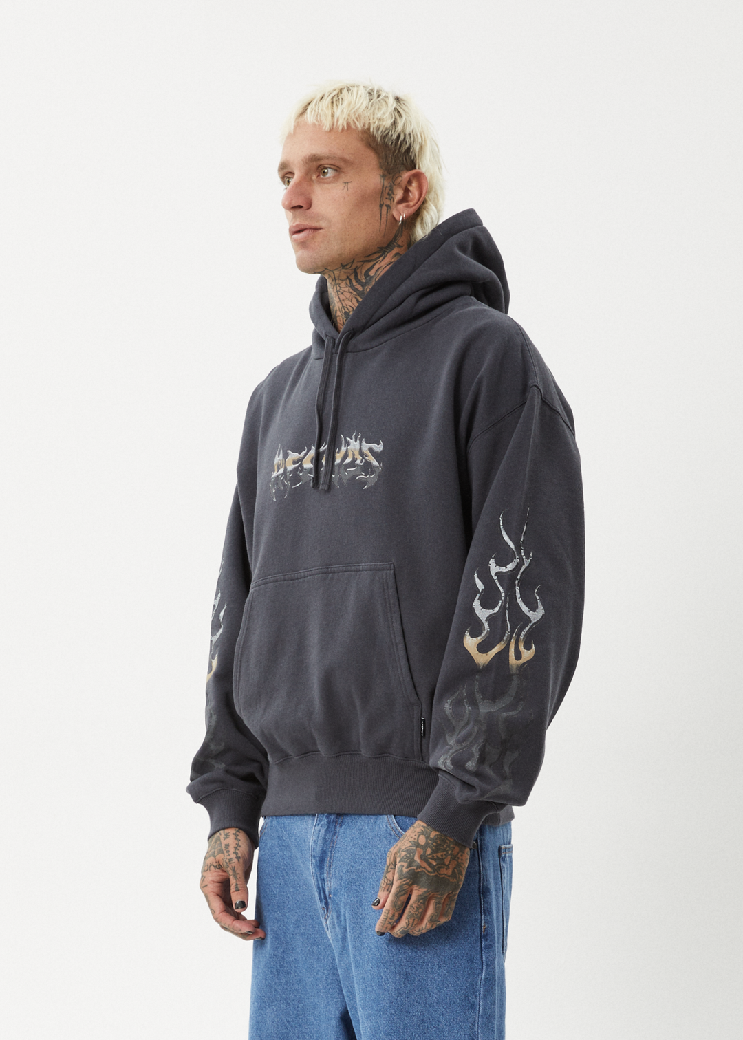 AFENDS Mens Scorched - Boxy Pull On Hood - Charcoal - Sustainable Clothing - Streetwear