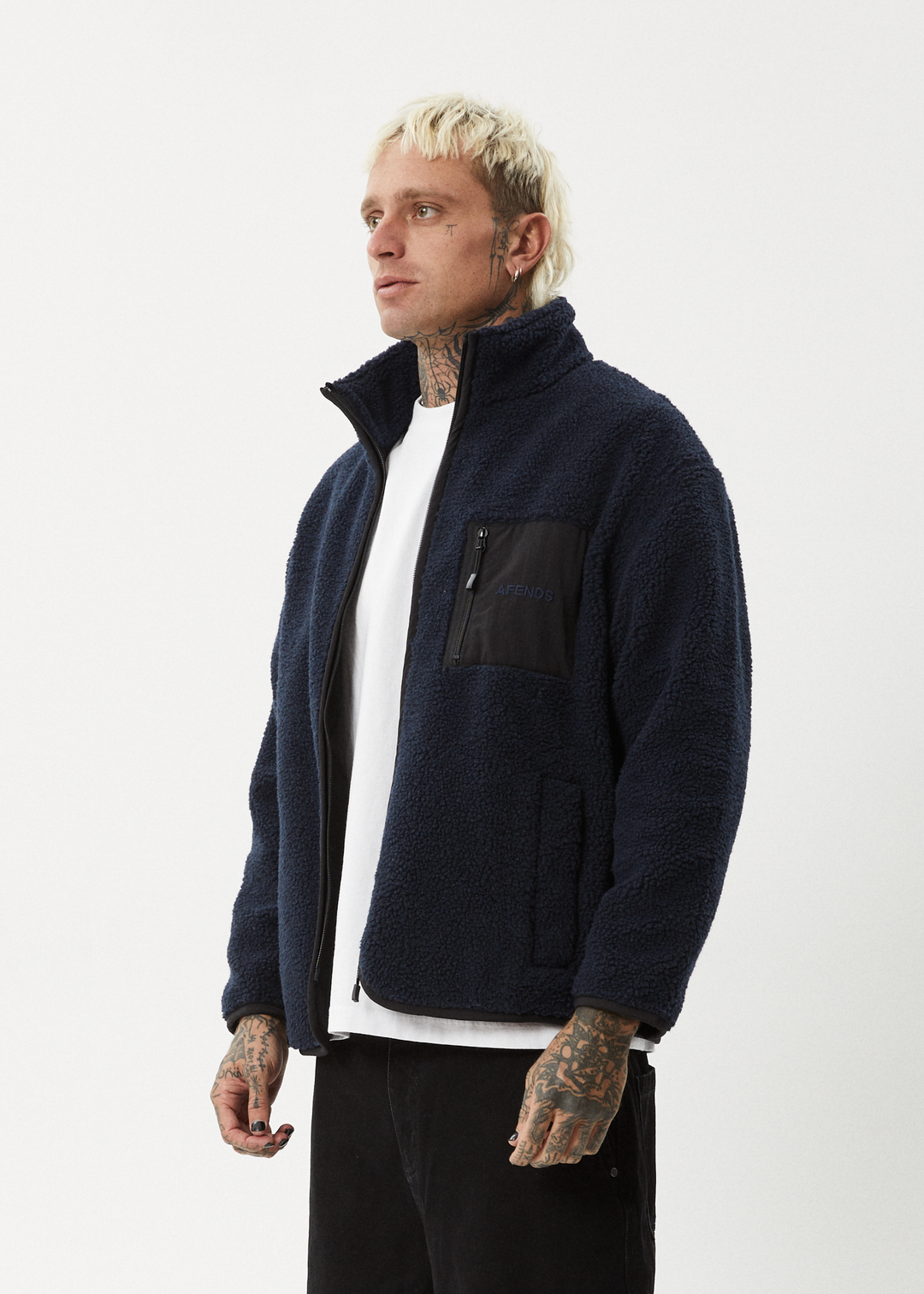 AFENDS Mens Polarize - Fleece Zip Up Jacket - Navy - Sustainable Clothing - Streetwear