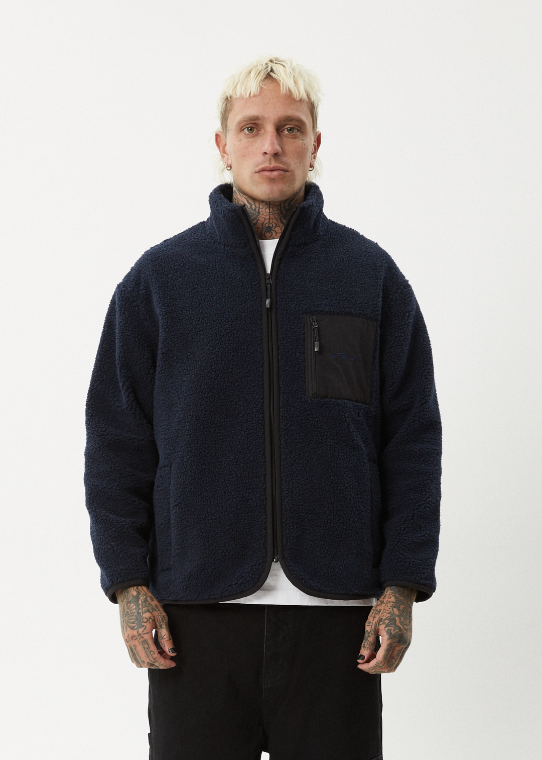 AFENDS Mens Polarize - Fleece Zip Up Jacket - Navy - Sustainable Clothing - Streetwear