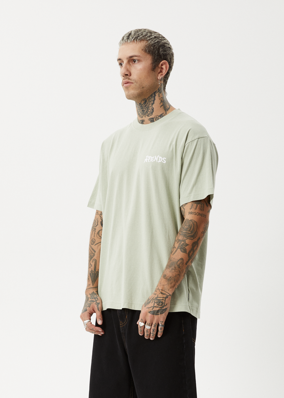 AFENDS Mens Destroyer - Boxy Fit Tee - Eucalyptus - Sustainable Clothing - Streetwear