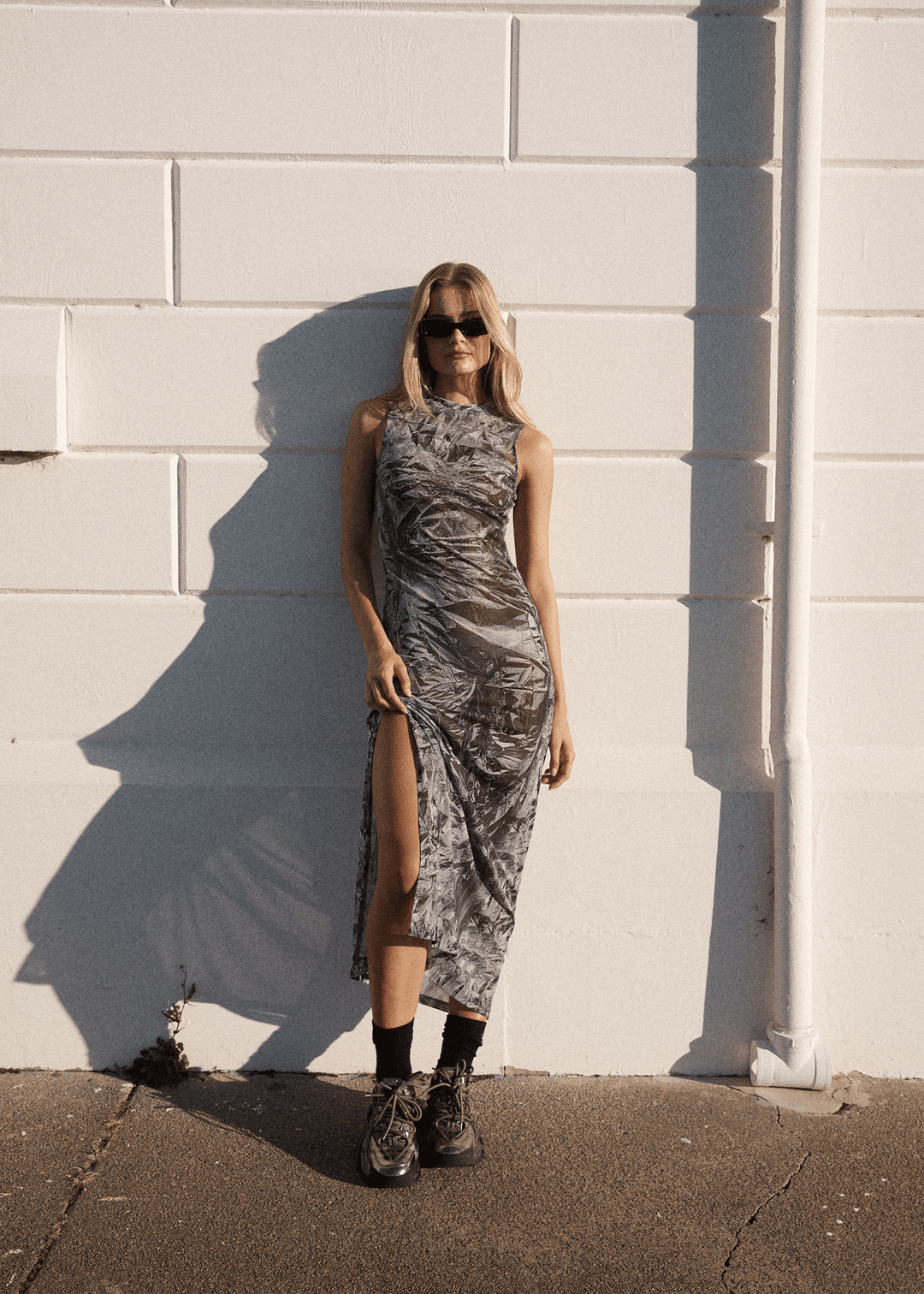 AFENDS Womens Silver Lining - Sheer Dress - Chrome - Sustainable Clothing - Streetwear